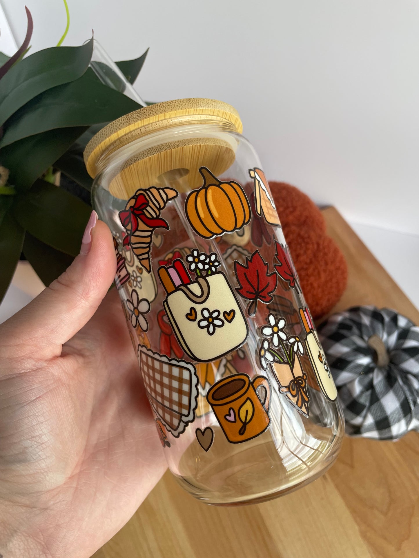 Fall Picnic Glass Cup with Bamboo Lid and Glass Straw