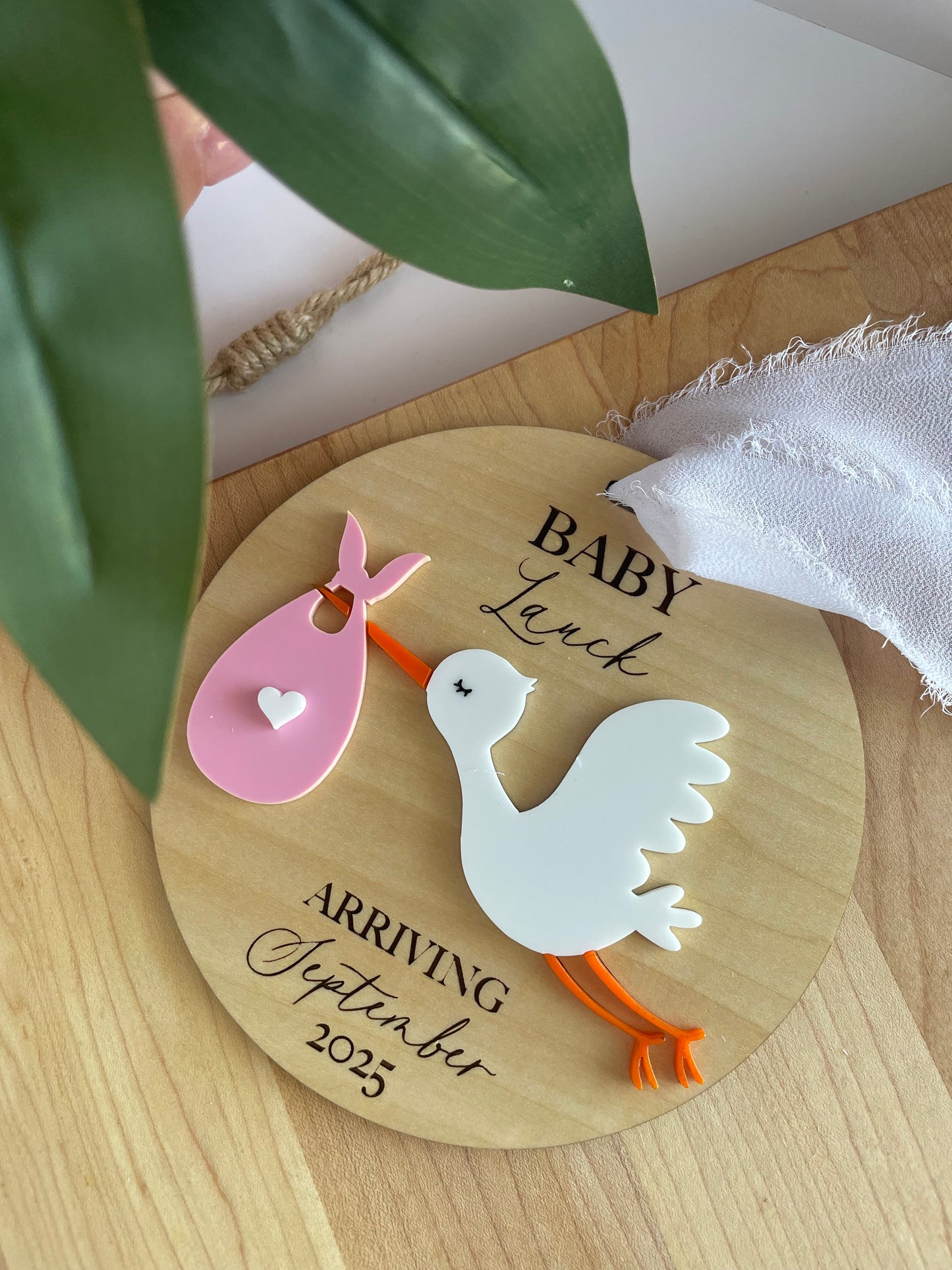 Arriving Baby Stork Wooden Gift Tag with Chiffon Ribbon