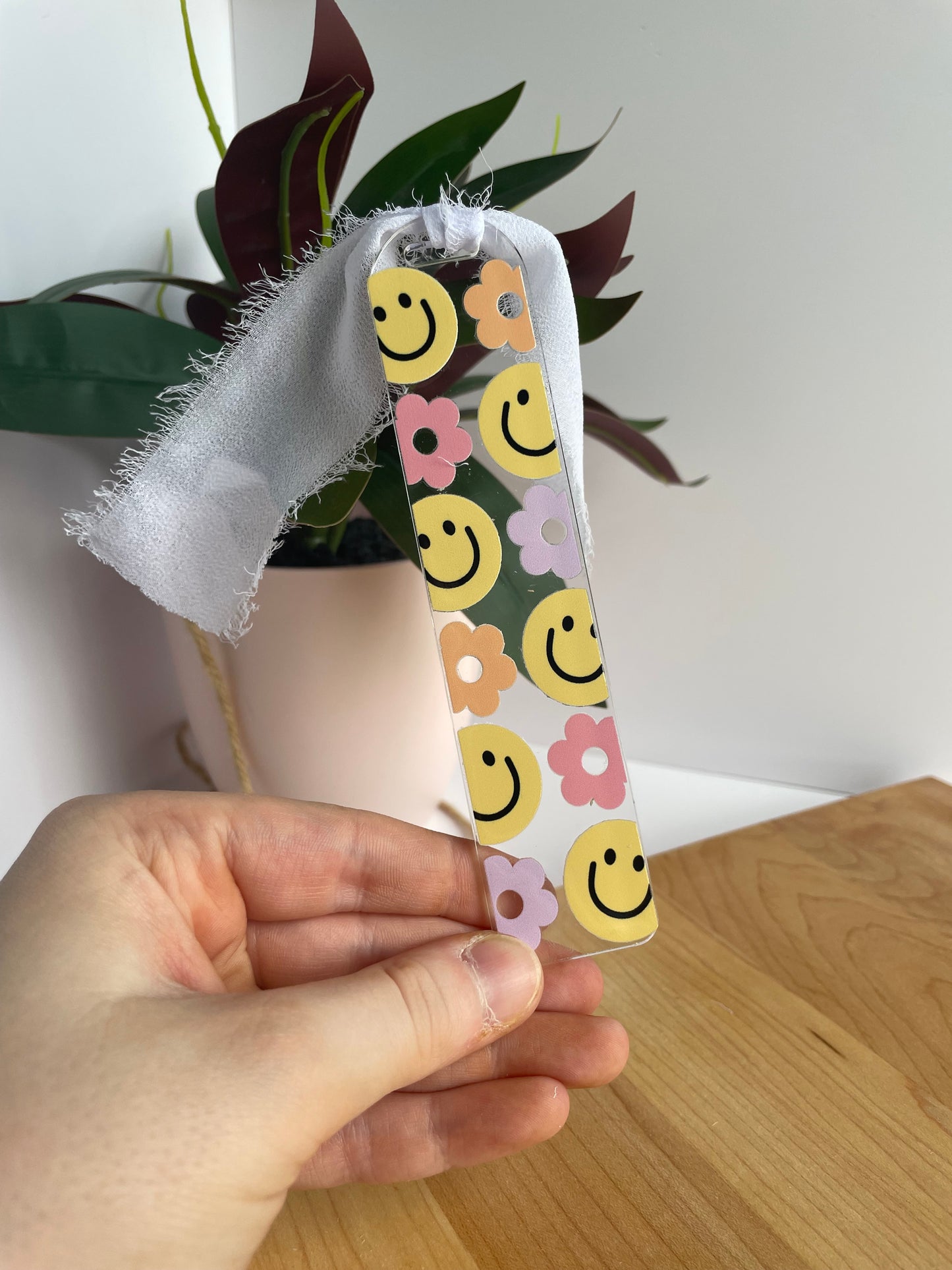 Groovy Smiley Faces Clear Acrylic Bookmark with Chiffon Ribbon