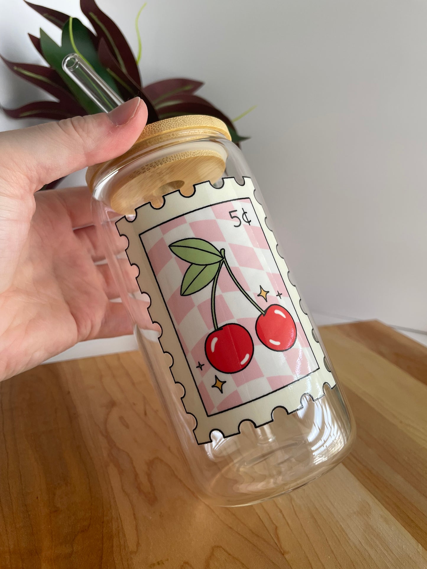 Cherry Stamp Glass Cup with Bamboo Lid and Glass Straw