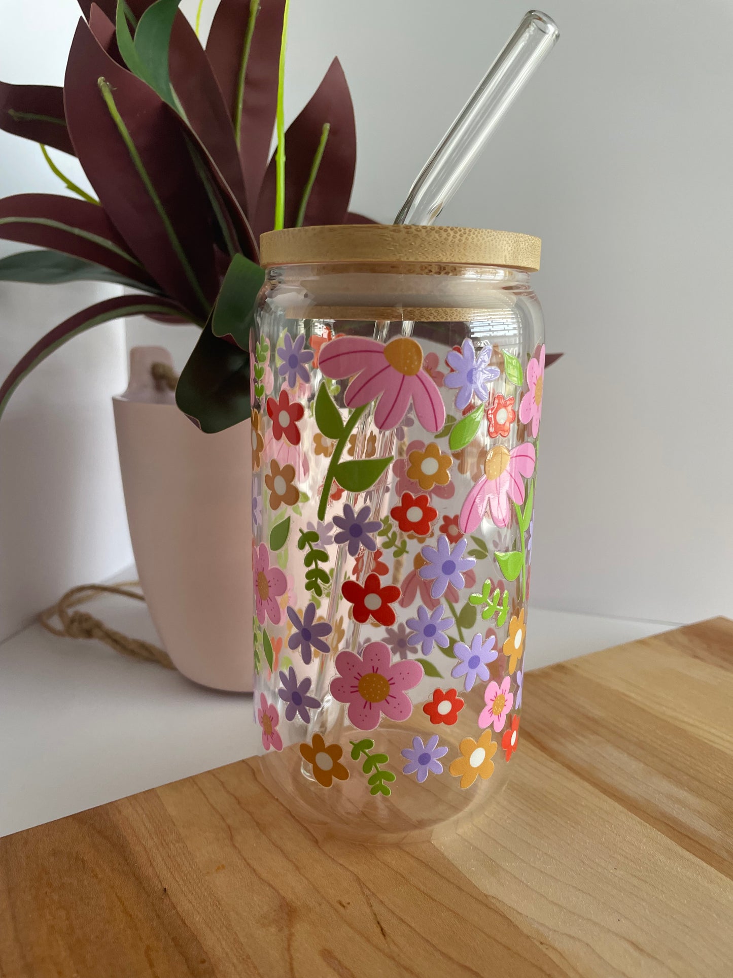 Spring Florals Glass Cup with Bamboo Lid and Glass Straw