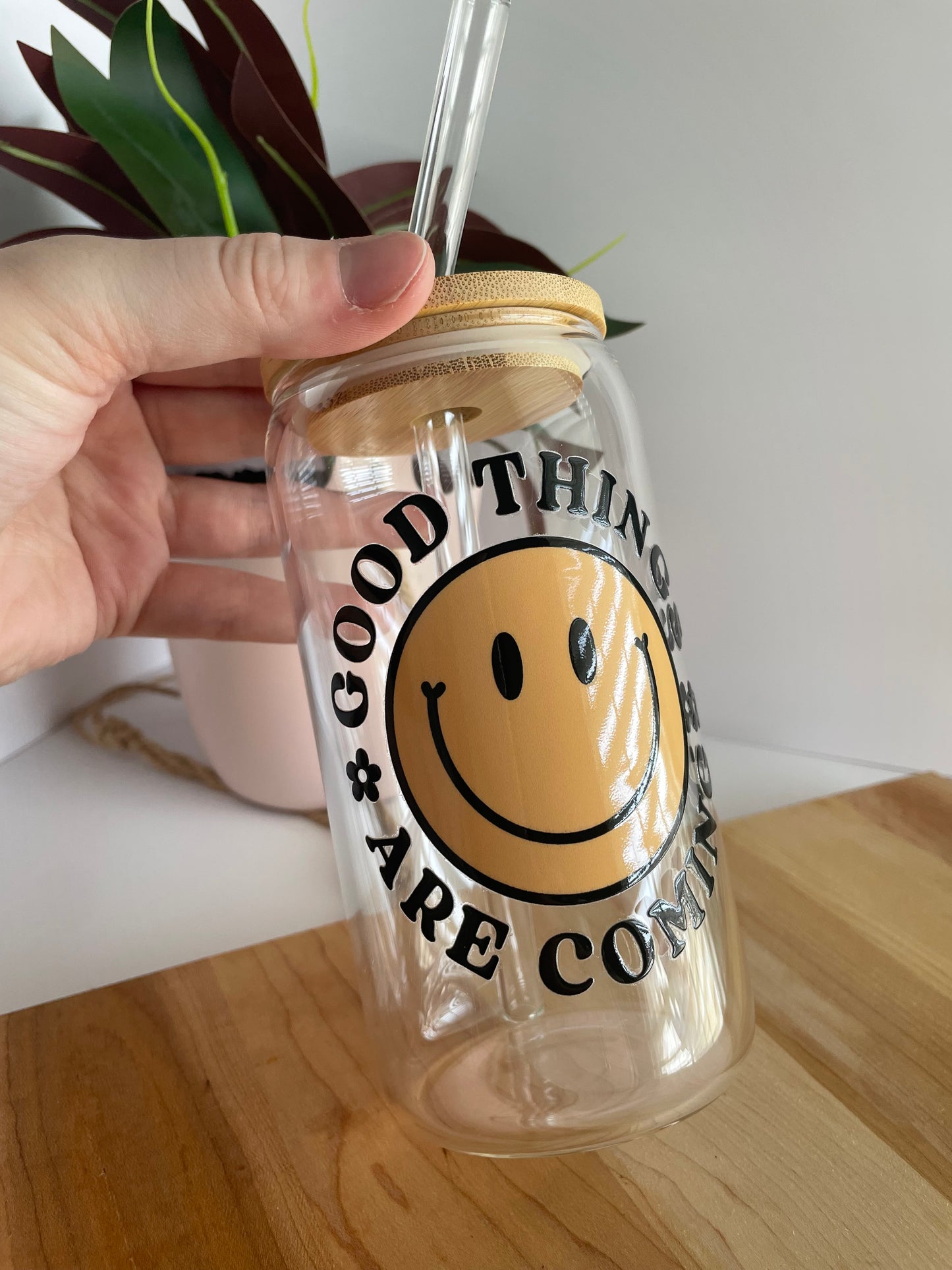 Good Things Are Coming Smiley Face Glass Cup with Bamboo Lid and Glass Straw