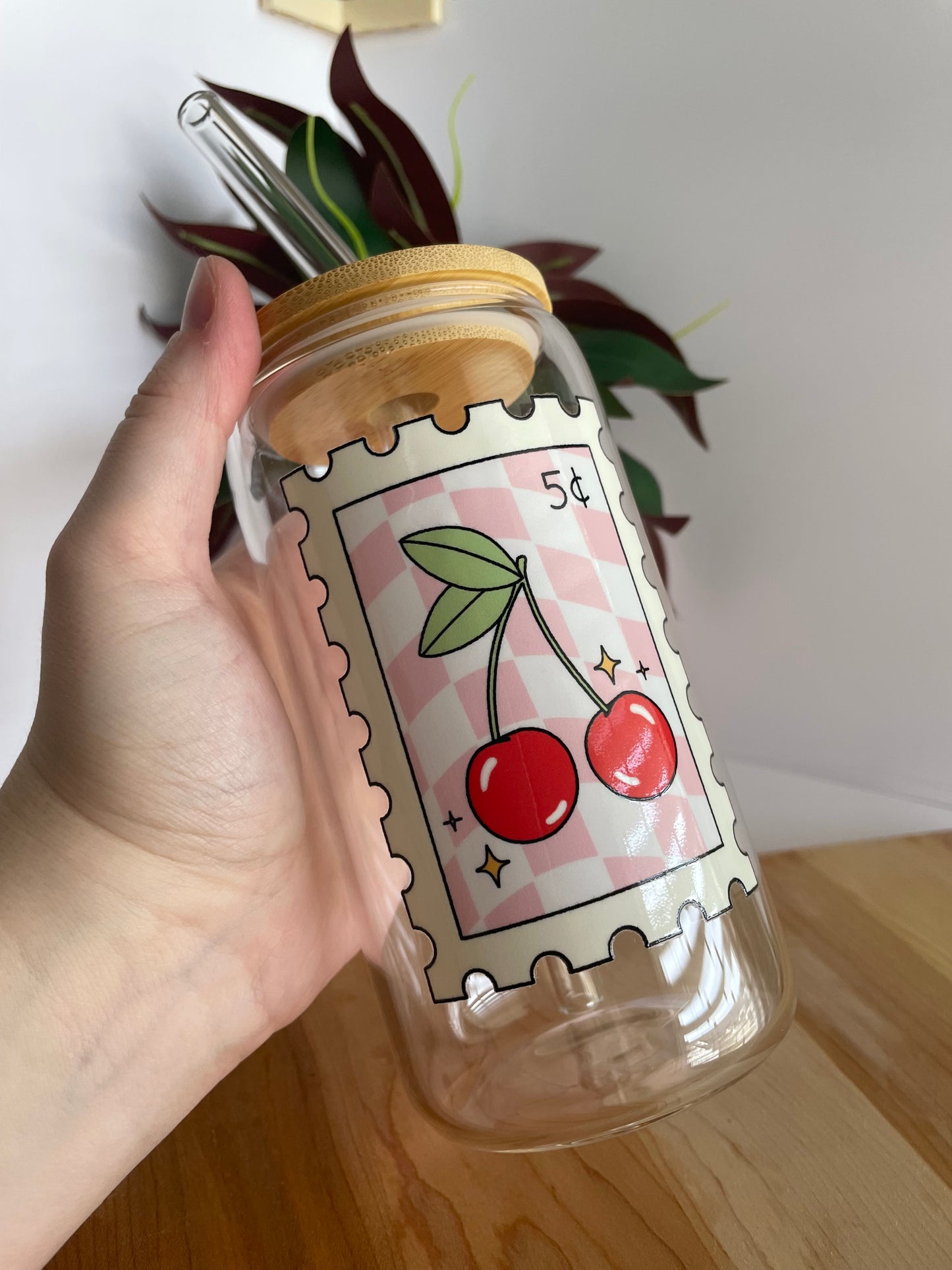 Cherry Stamp Glass Cup with Bamboo Lid and Glass Straw