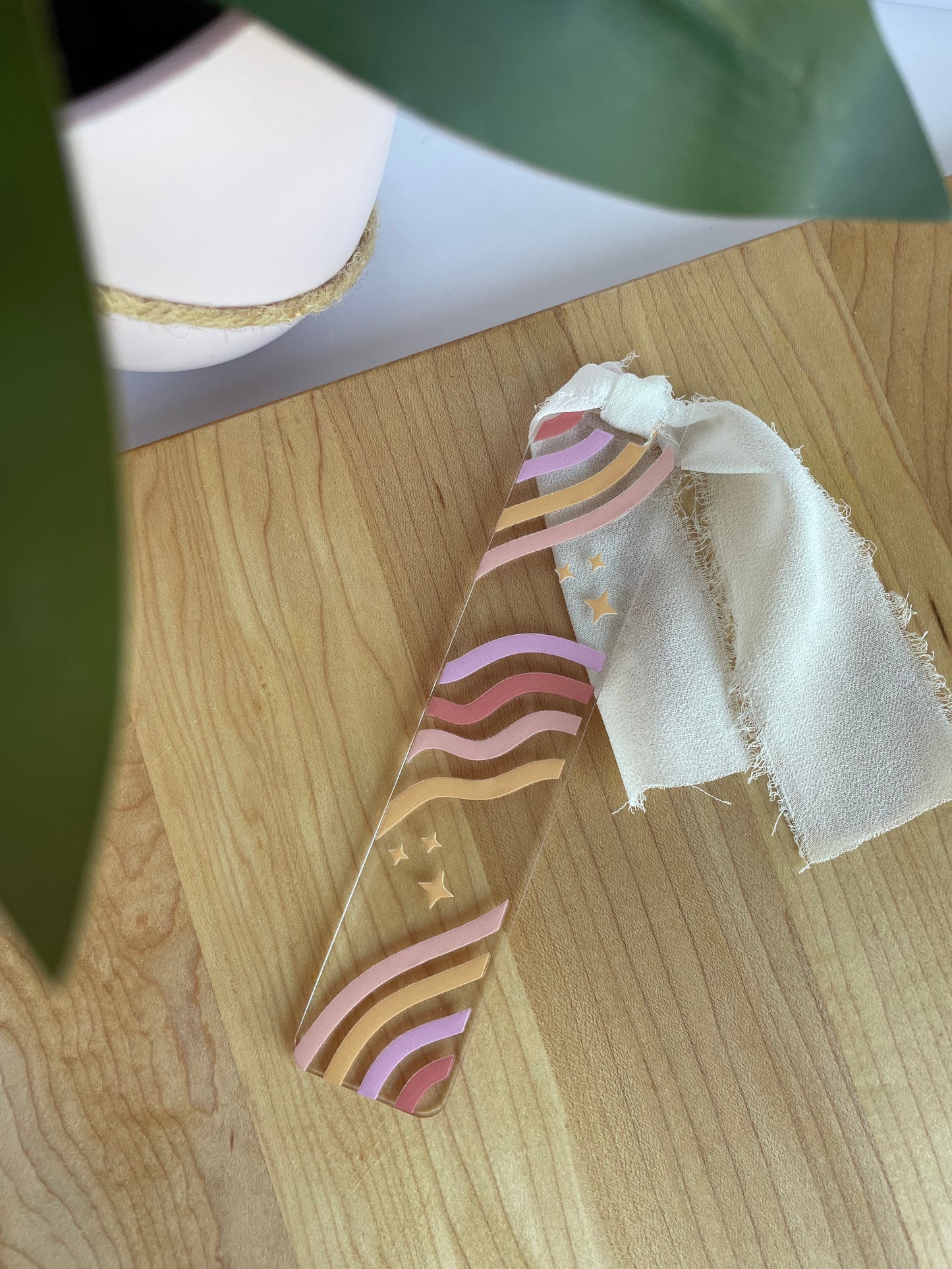 Pastel Swirly Waves Clear Acrylic Bookmark with Chiffon Ribbon