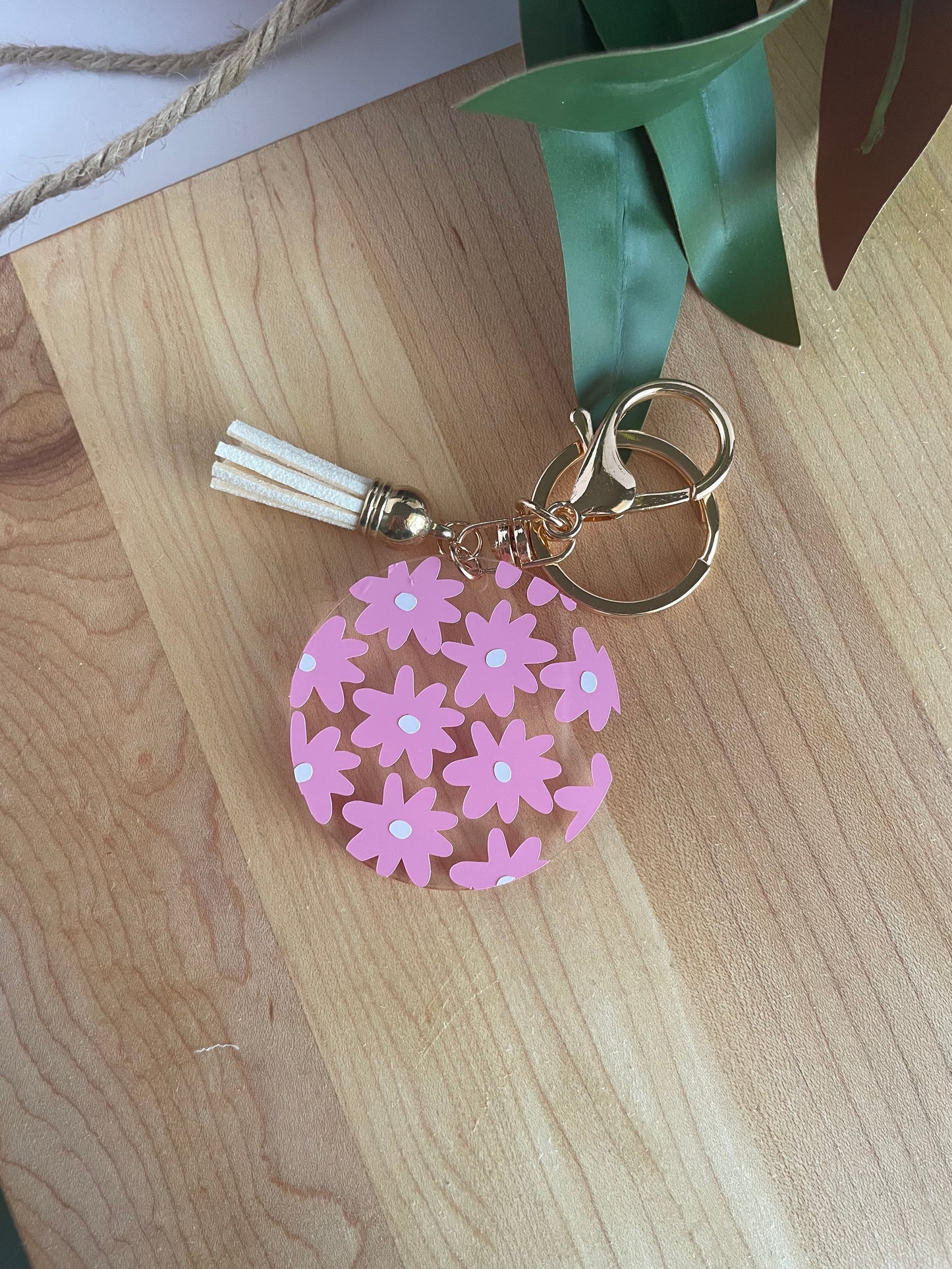 Pretty Pink Flowers Acrylic Keychain with a Cream Tassel and Gold Features