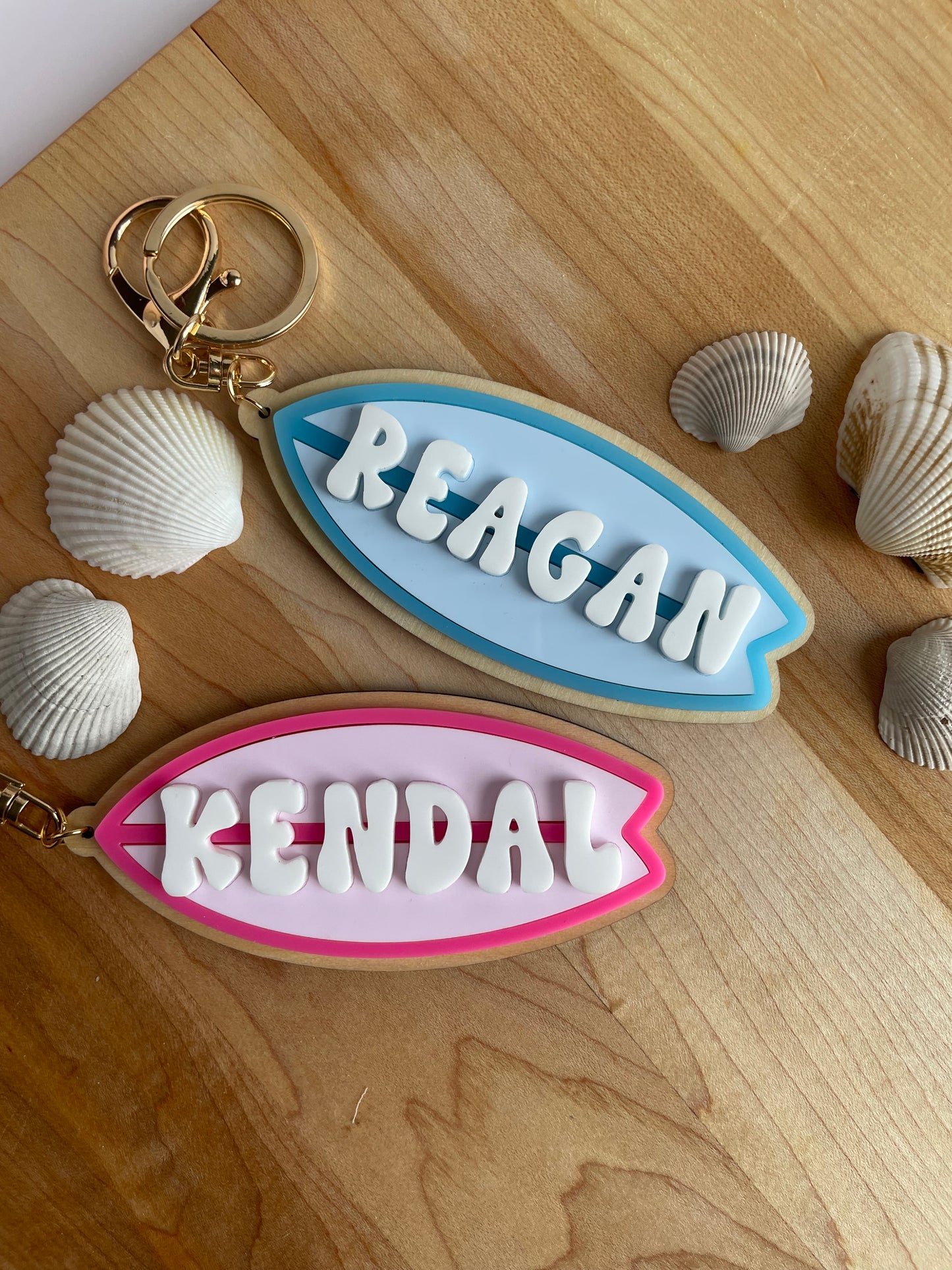 Custom Colorful Surfboard Keychain with Gold Features