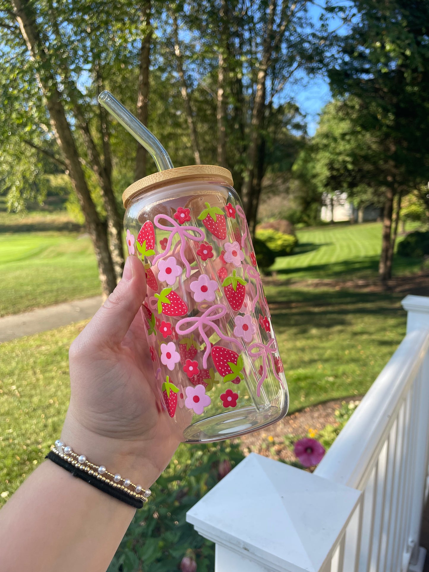 Strawberries and Pink Bows Cute Glass Cup with Bamboo Lid and Glass Straw