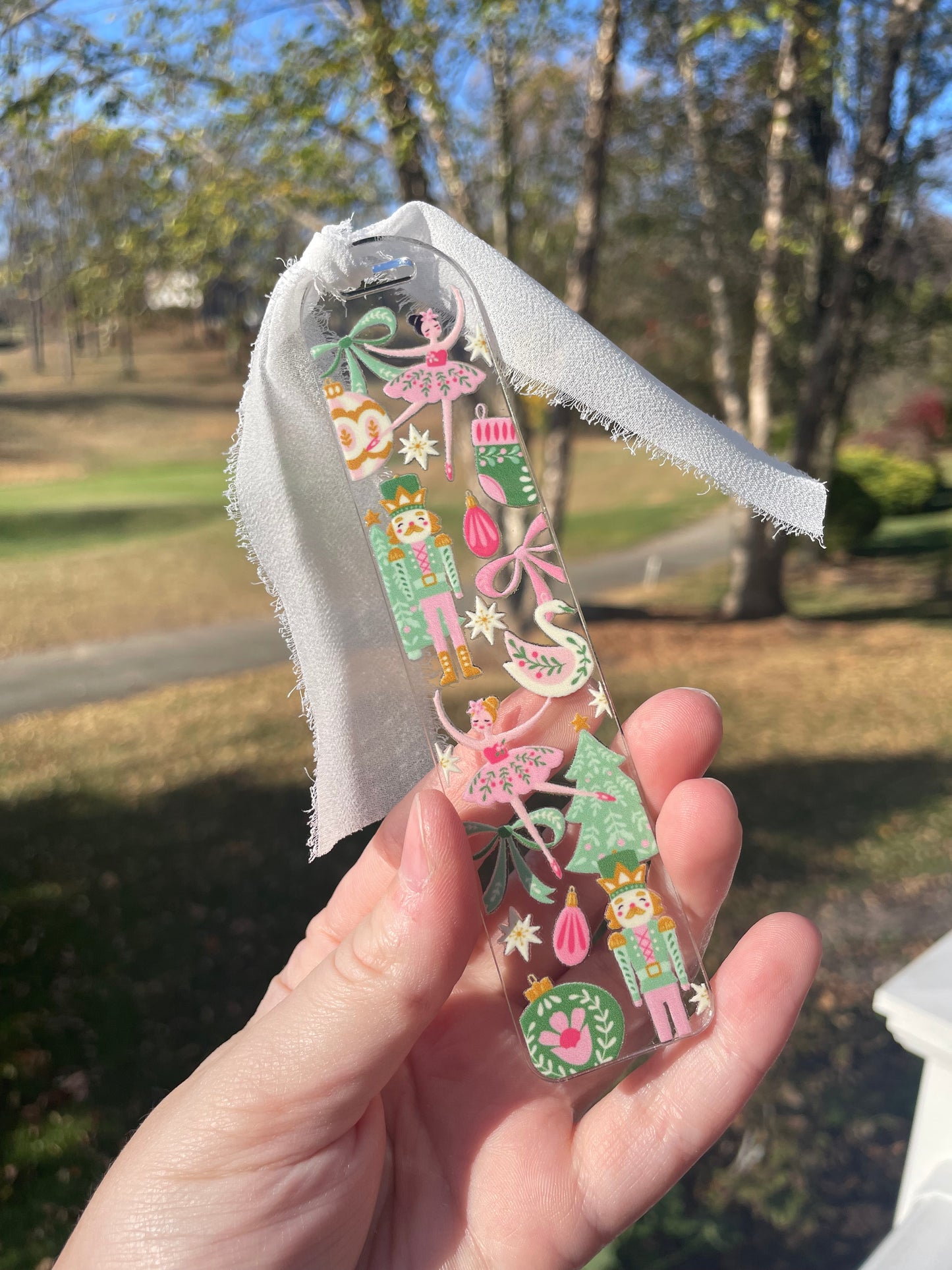 Beautiful Nutcrackers and Ornaments Clear Acrylic Bookmark with Chiffon Ribbon