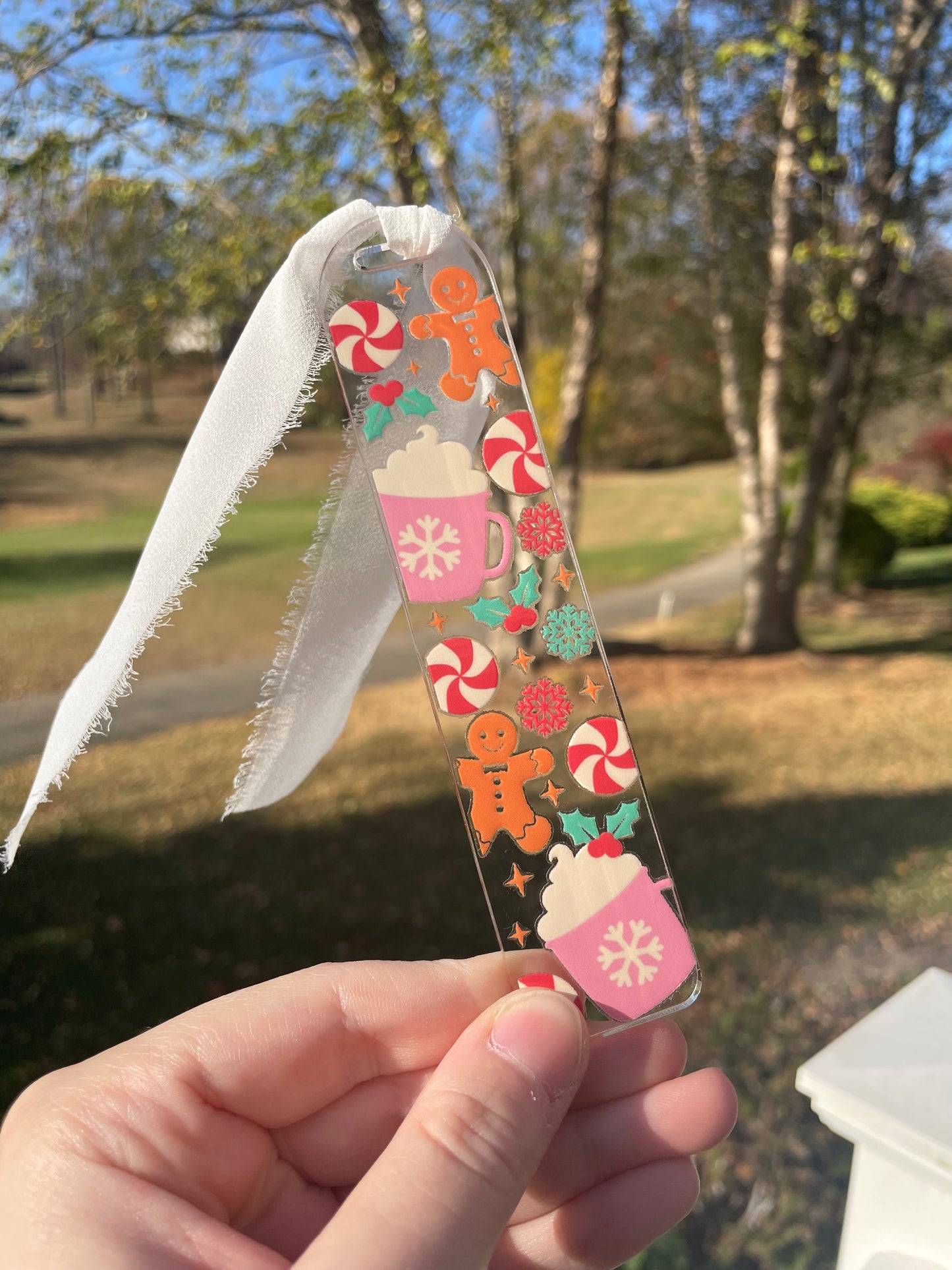 Cute Gingerbread Cookies and Hot Cocoa Clear Acrylic Bookmark with Chiffon Ribbon