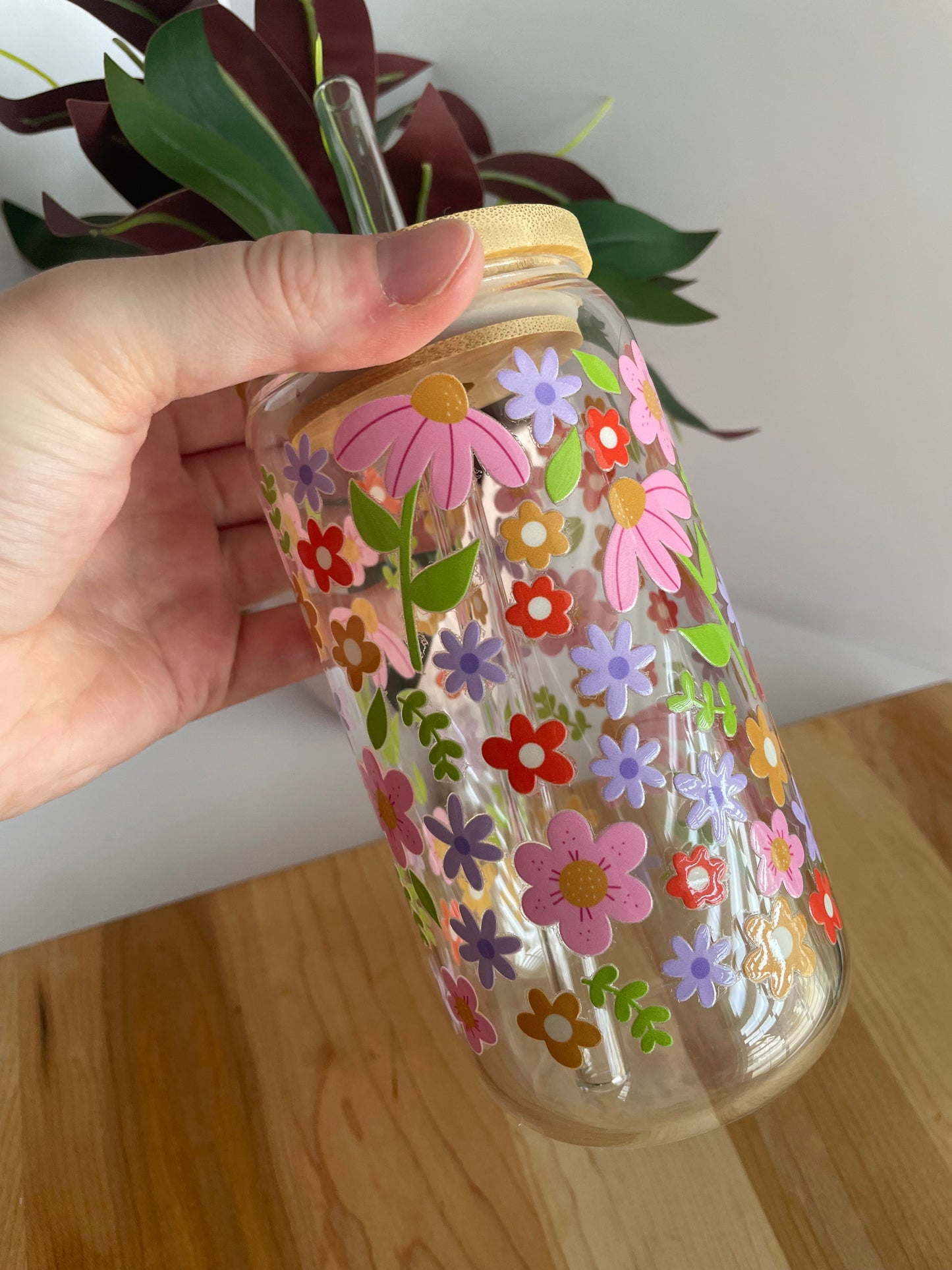 Spring Florals Glass Cup with Bamboo Lid and Glass Straw