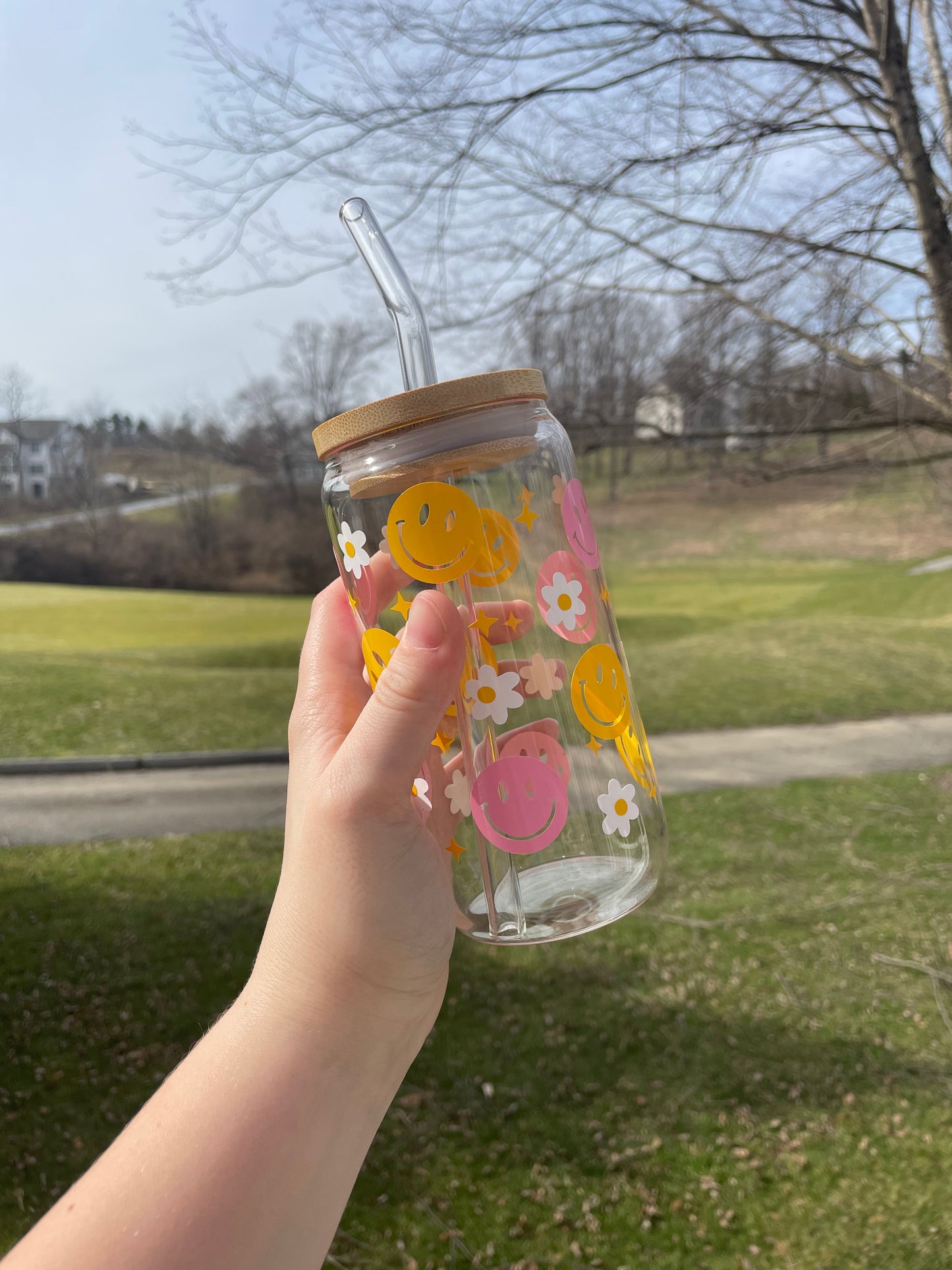 Pink and Yellow Smiley Faces and Daises Glass Cup with Bamboo Lid and Glass Straw