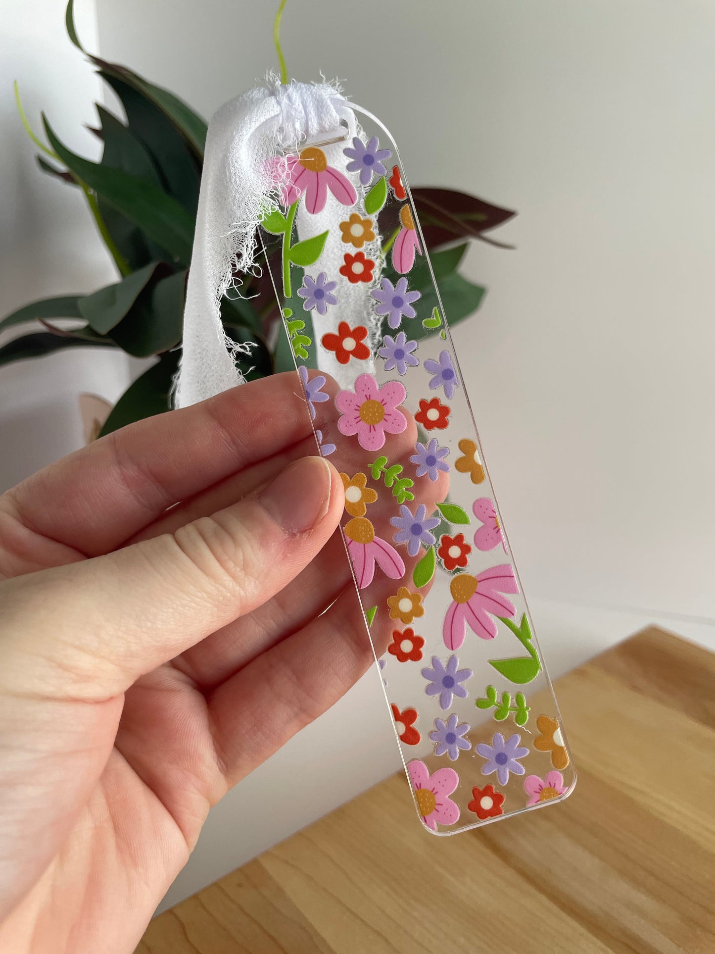 Spring Florals Clear Acrylic Bookmark with Chiffon Ribbon