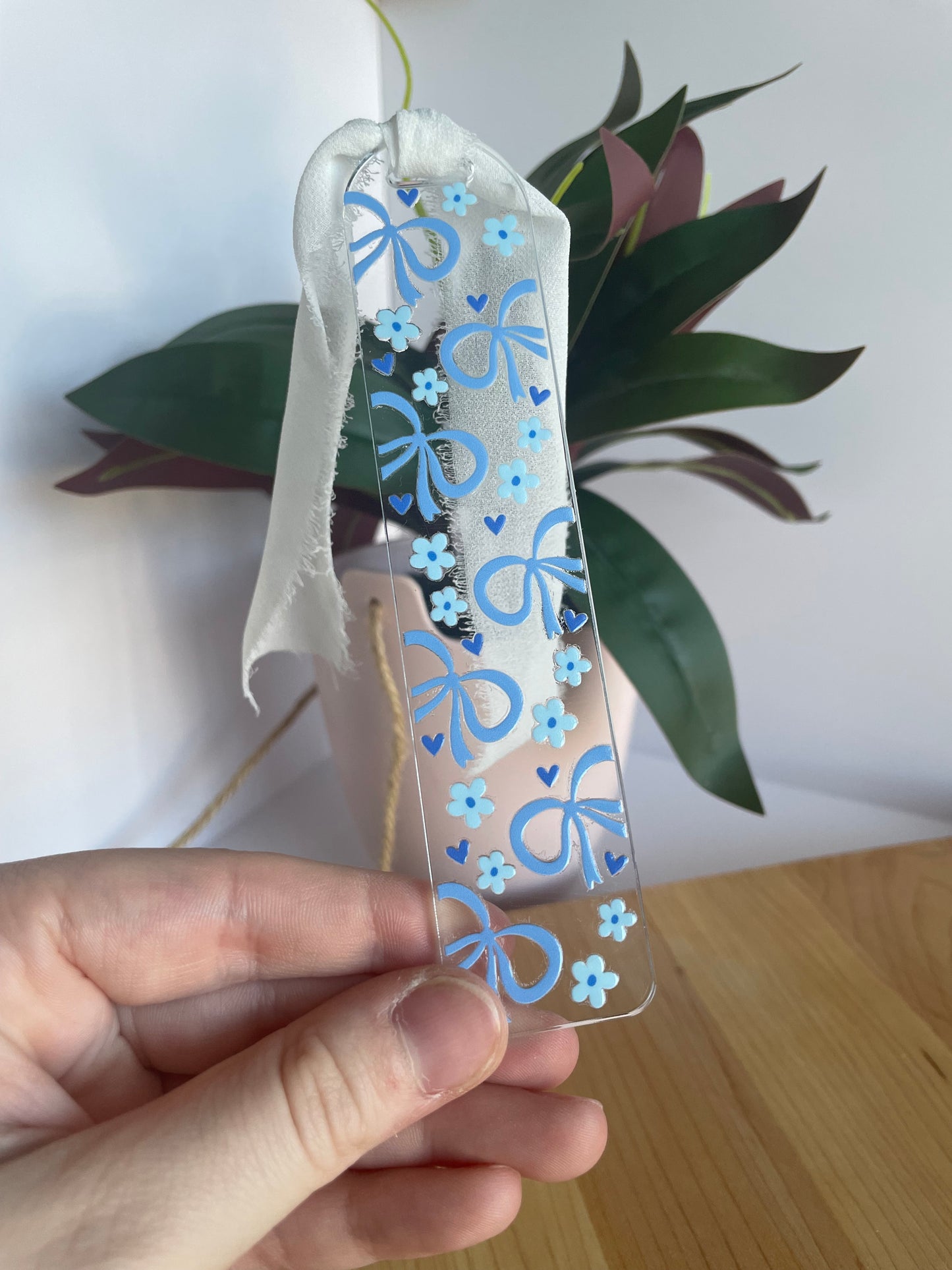 Pretty Blue Bows Clear Acrylic Bookmark with Chiffon Ribbon