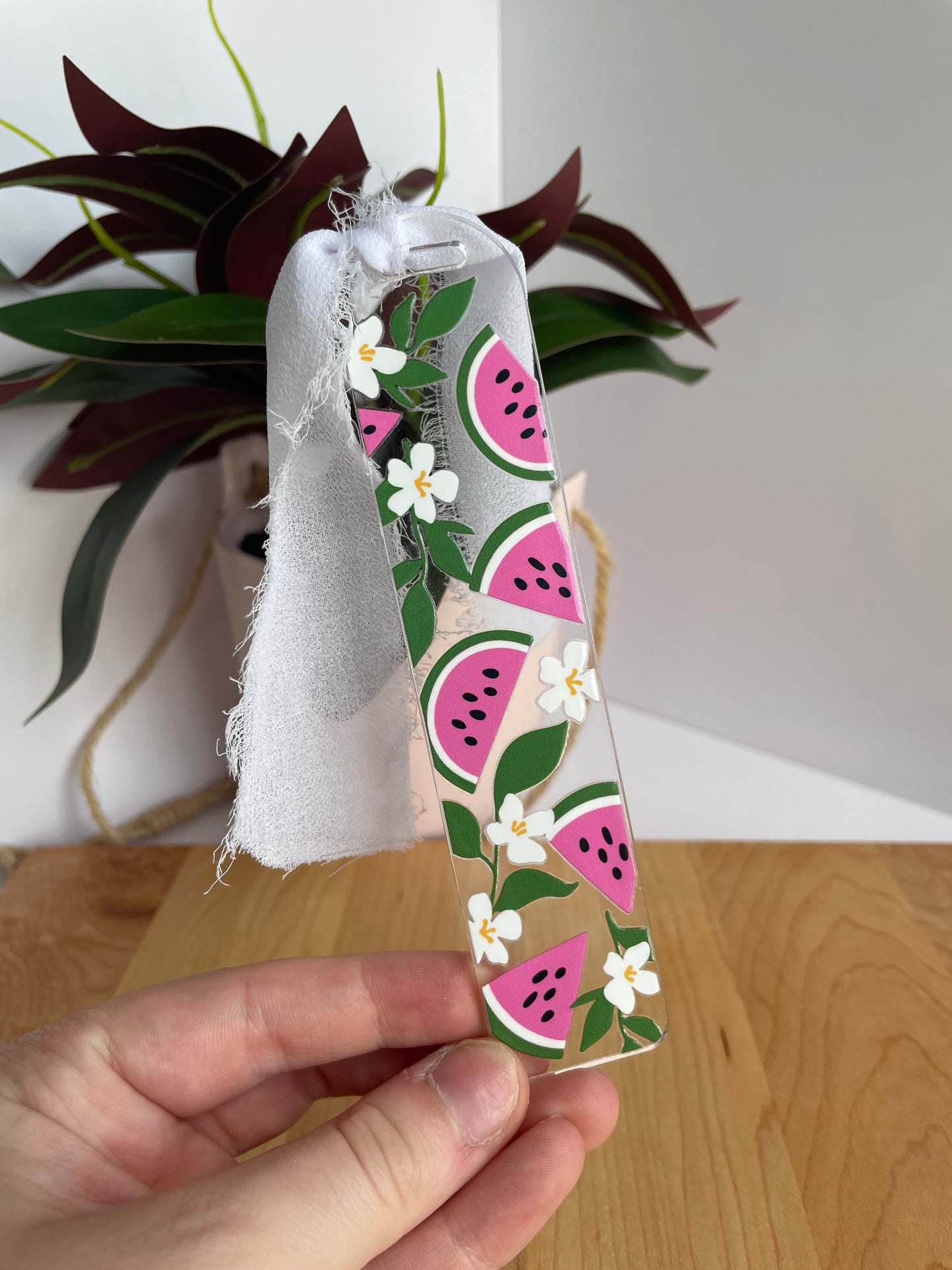 Summer Watermelons Clear Acrylic Bookmark with Chiffon Ribbon