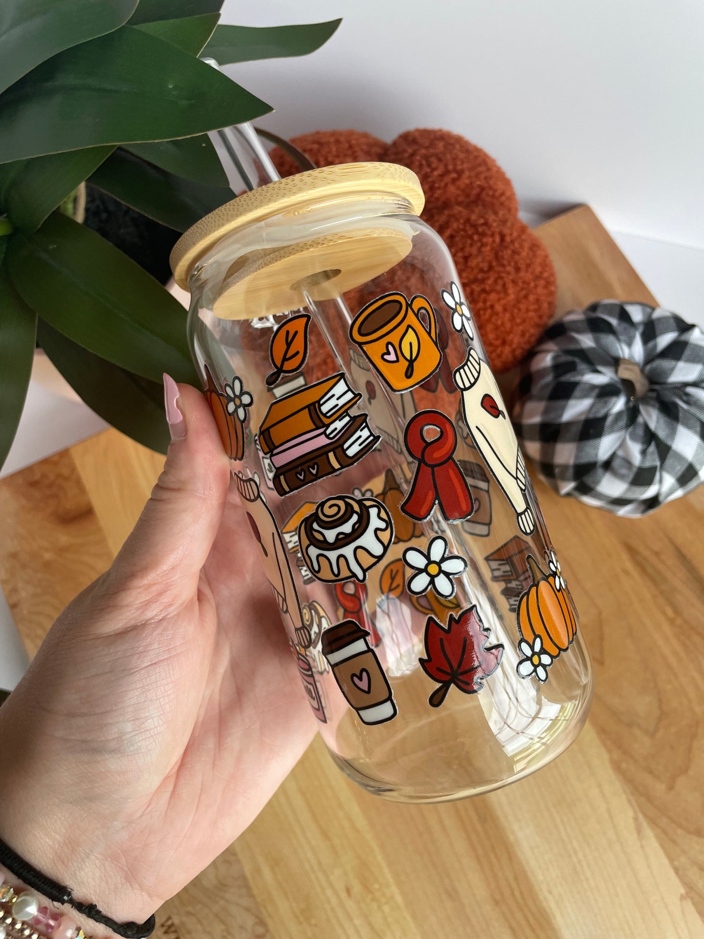 Cozy Fall Girlie Glass Cup with Bamboo Lid and Glass Straw