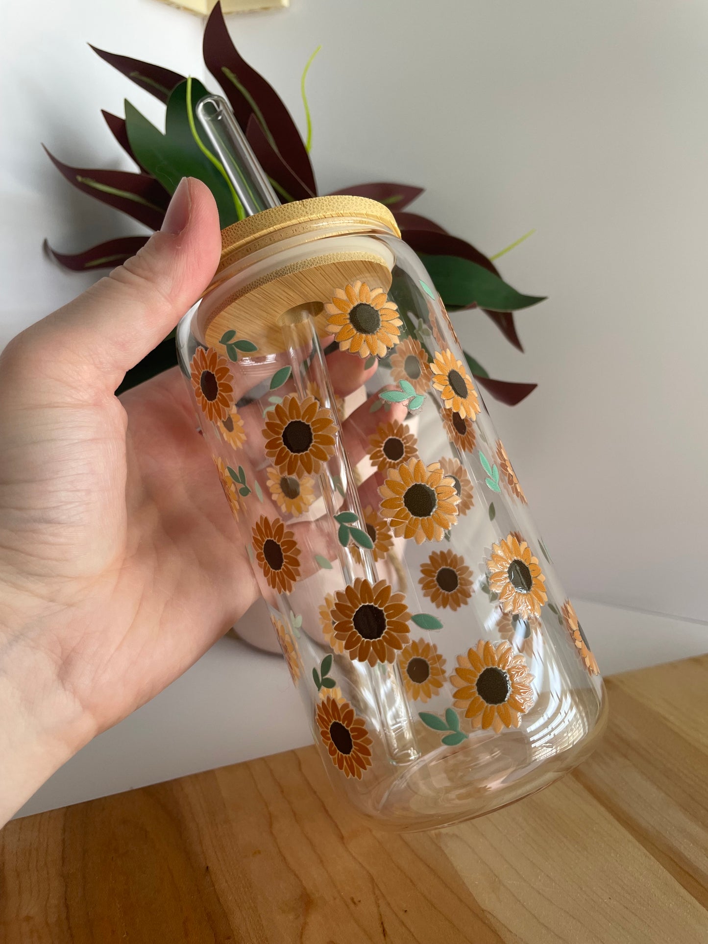 Blooming Sunflowers Glass Cup with Bamboo Lid and Glass Straw