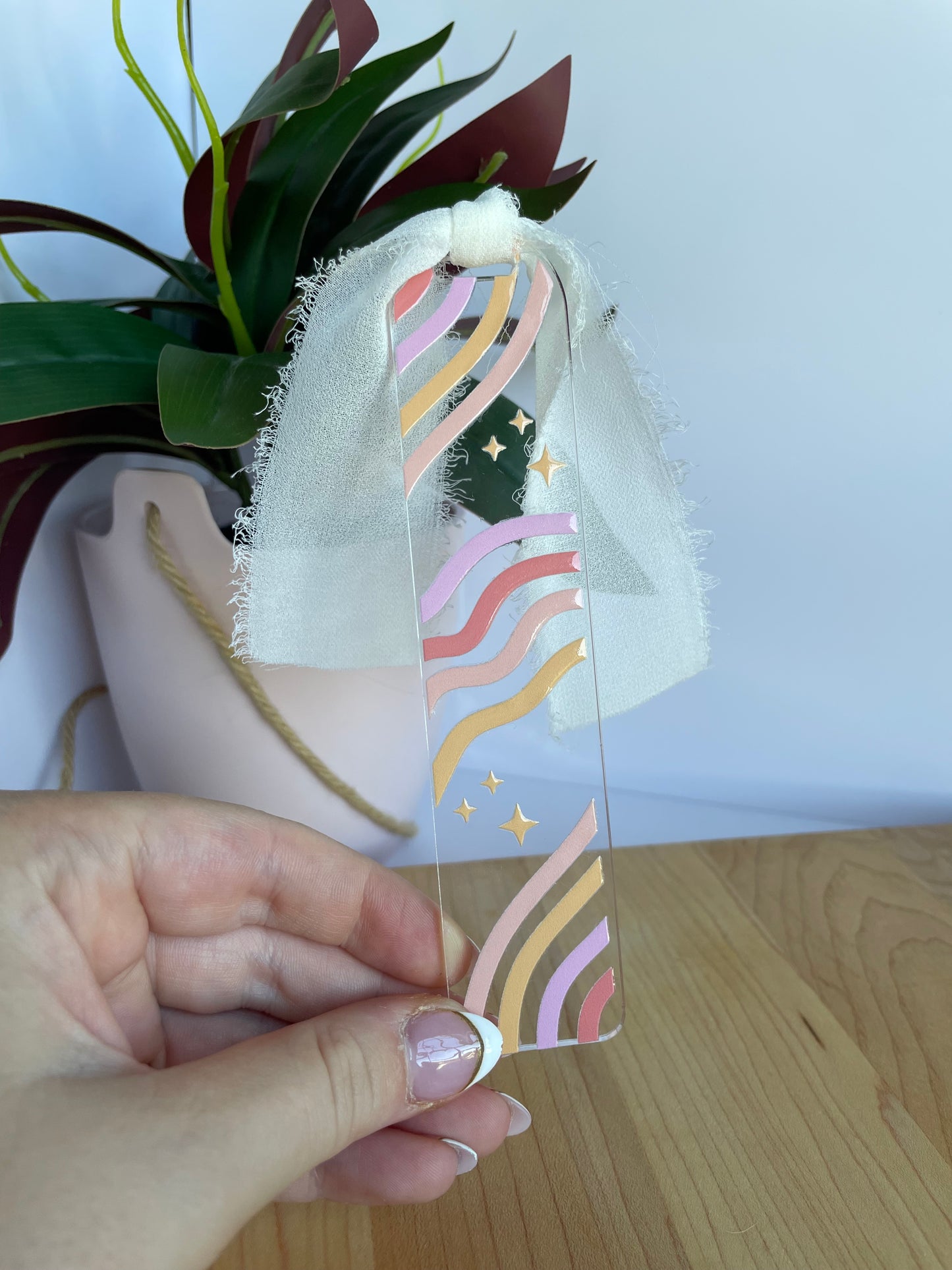 Pastel Swirly Waves Clear Acrylic Bookmark with Chiffon Ribbon
