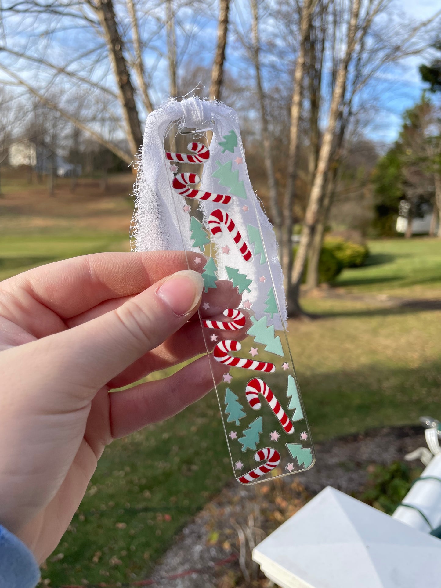 Candy Canes and Holiday Trees Clear Acrylic Bookmark with Chiffon Ribbon