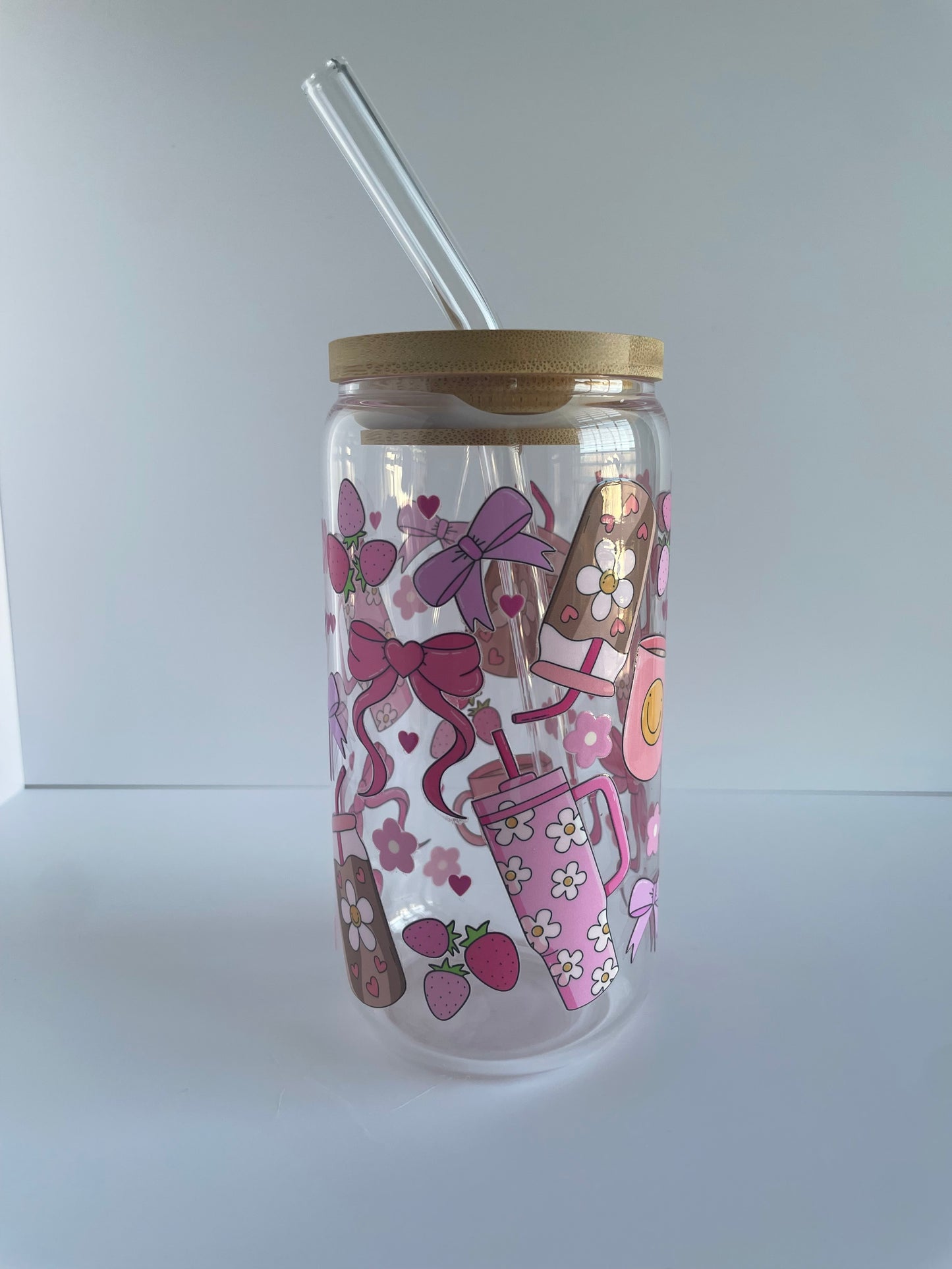 Pink Groovy Girly Glass Cup with Bamboo Lid and Glass Straw