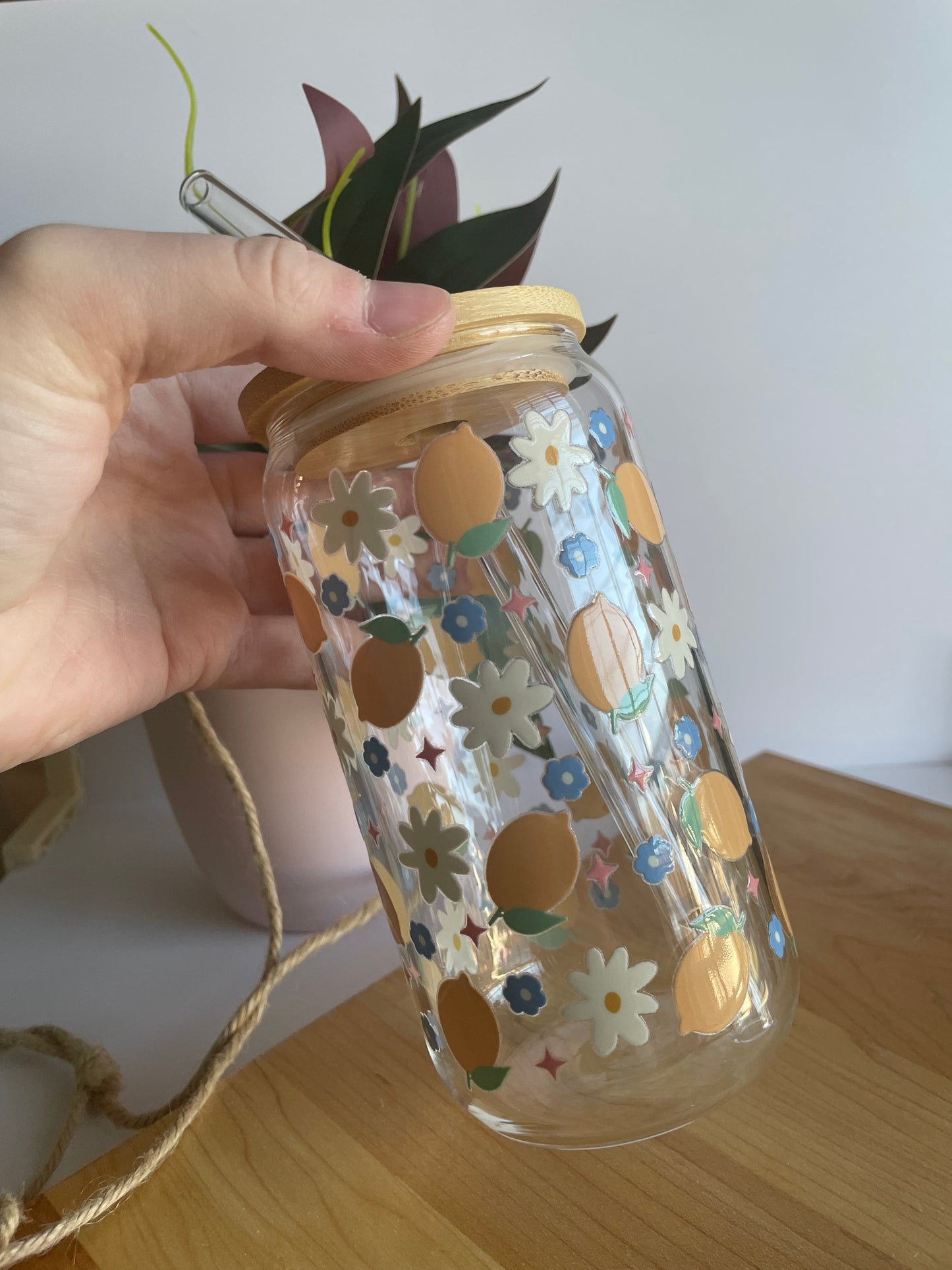 Flowers and Lemons Glass Cup with Bamboo Lid and Glass Straw
