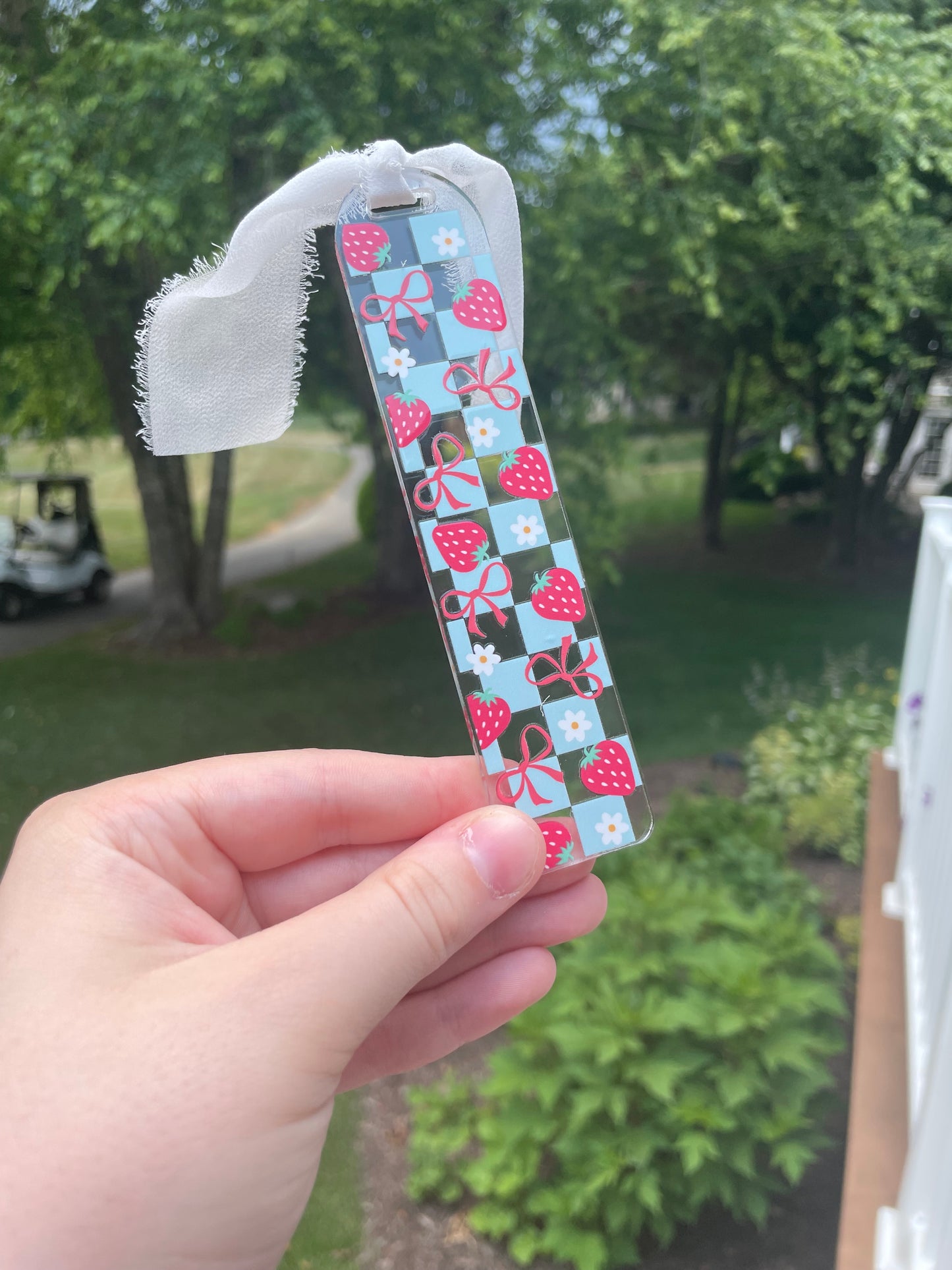 Blue Checkered Strawberries Clear Acrylic Bookmark with Chiffon Ribbon