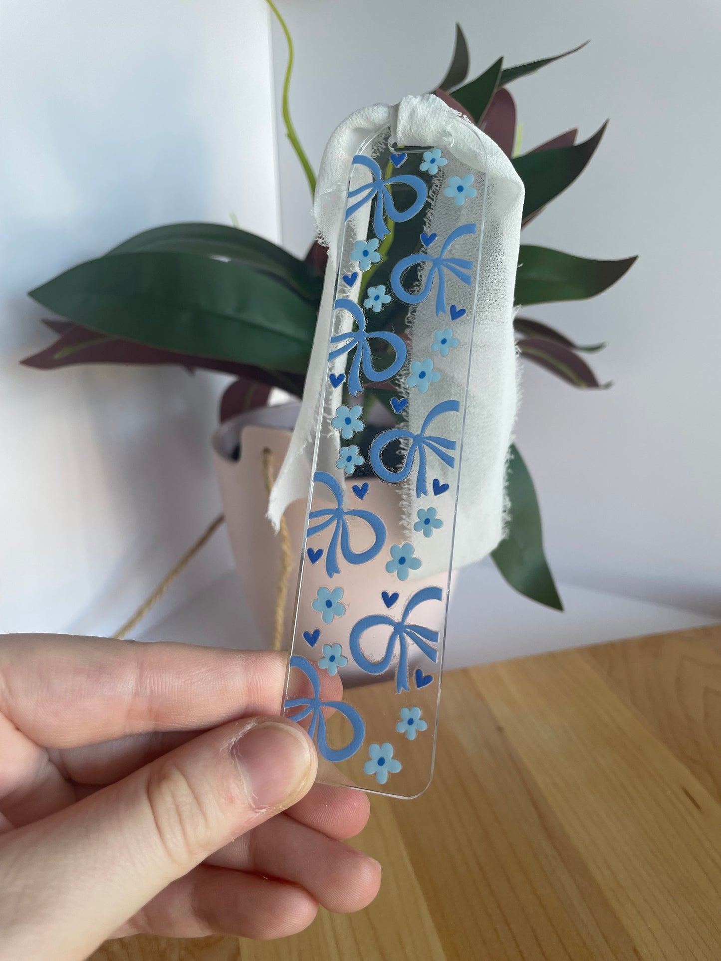 Pretty Blue Bows Clear Acrylic Bookmark with Chiffon Ribbon