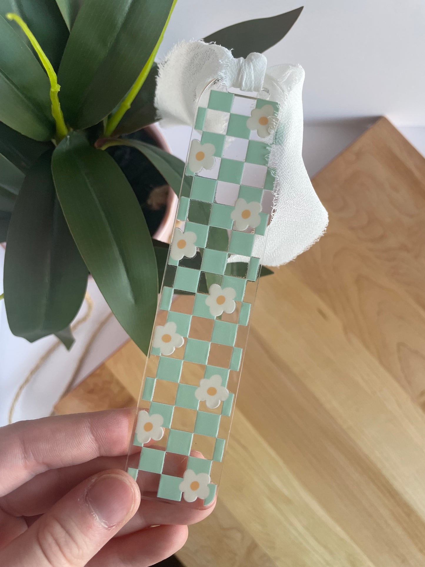 Teal Checkered Daises Clear Acrylic Bookmark with Chiffon Ribbon