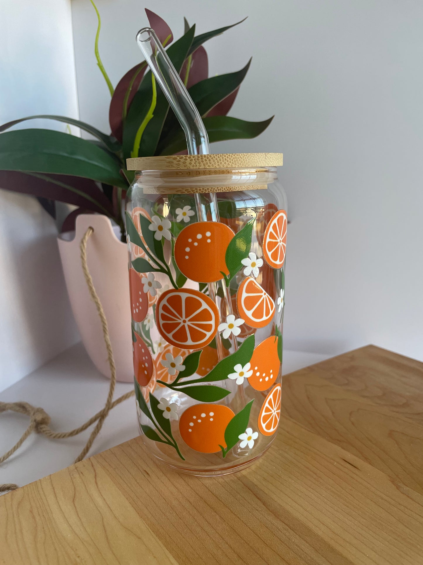 Summer Oranges Glass Cup with Bamboo Lid and Glass Straw