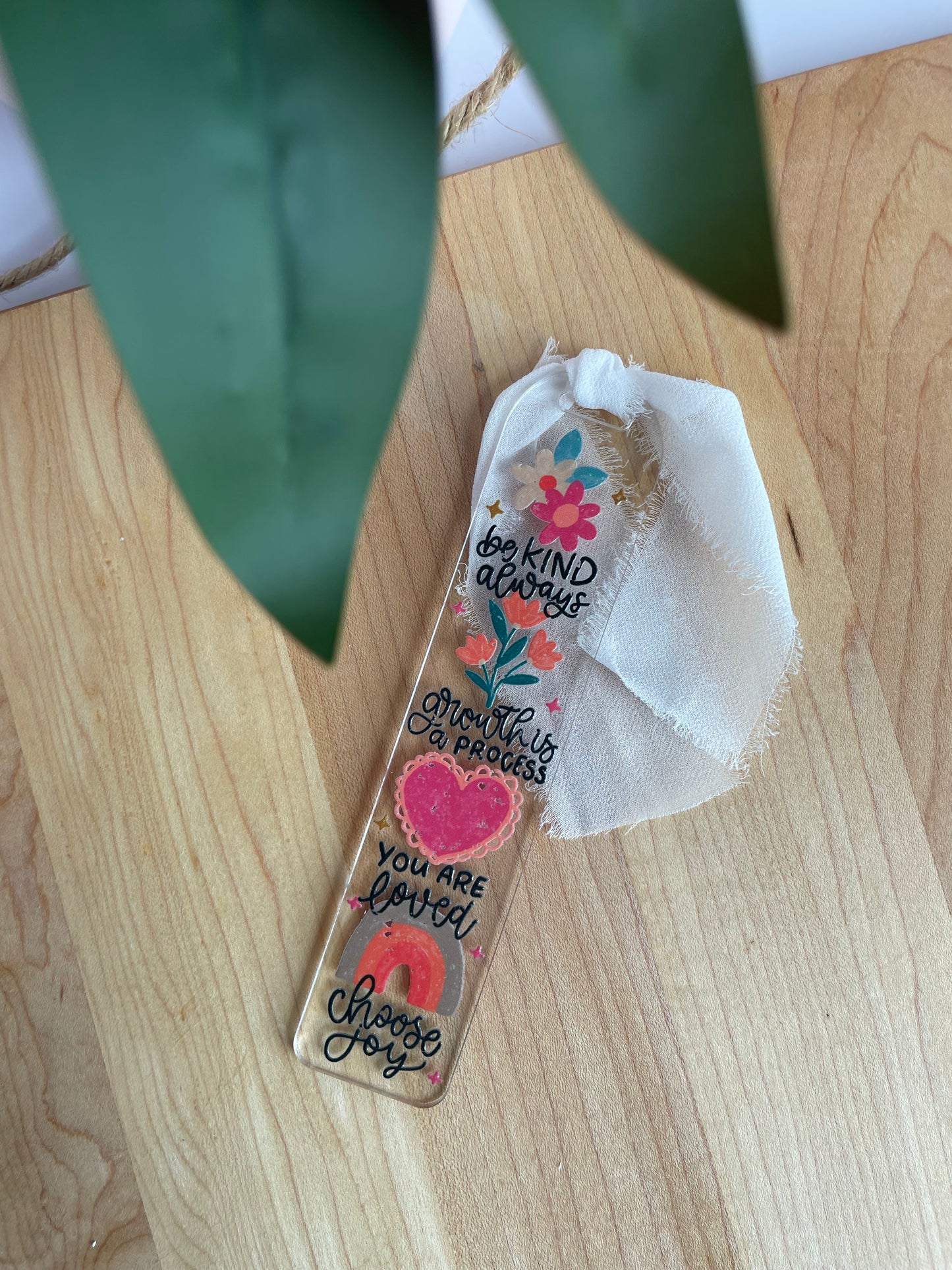 Positive Affirmations Clear Acrylic Bookmark with Chiffon Ribbon