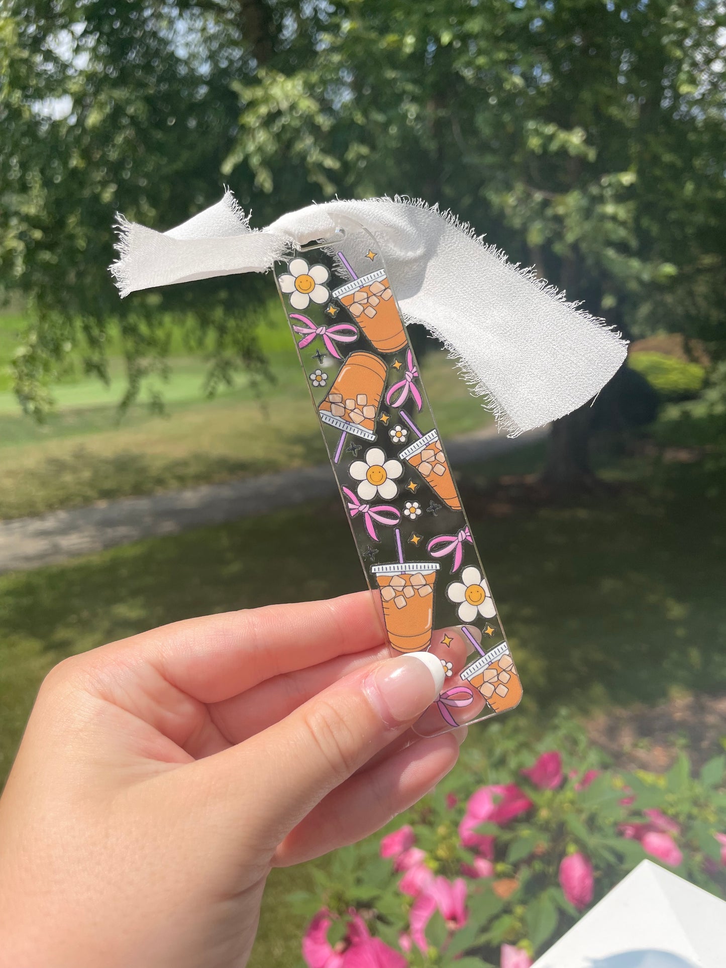 Iced Coffee Girly Clear Acrylic Bookmark with Chiffon Ribbon