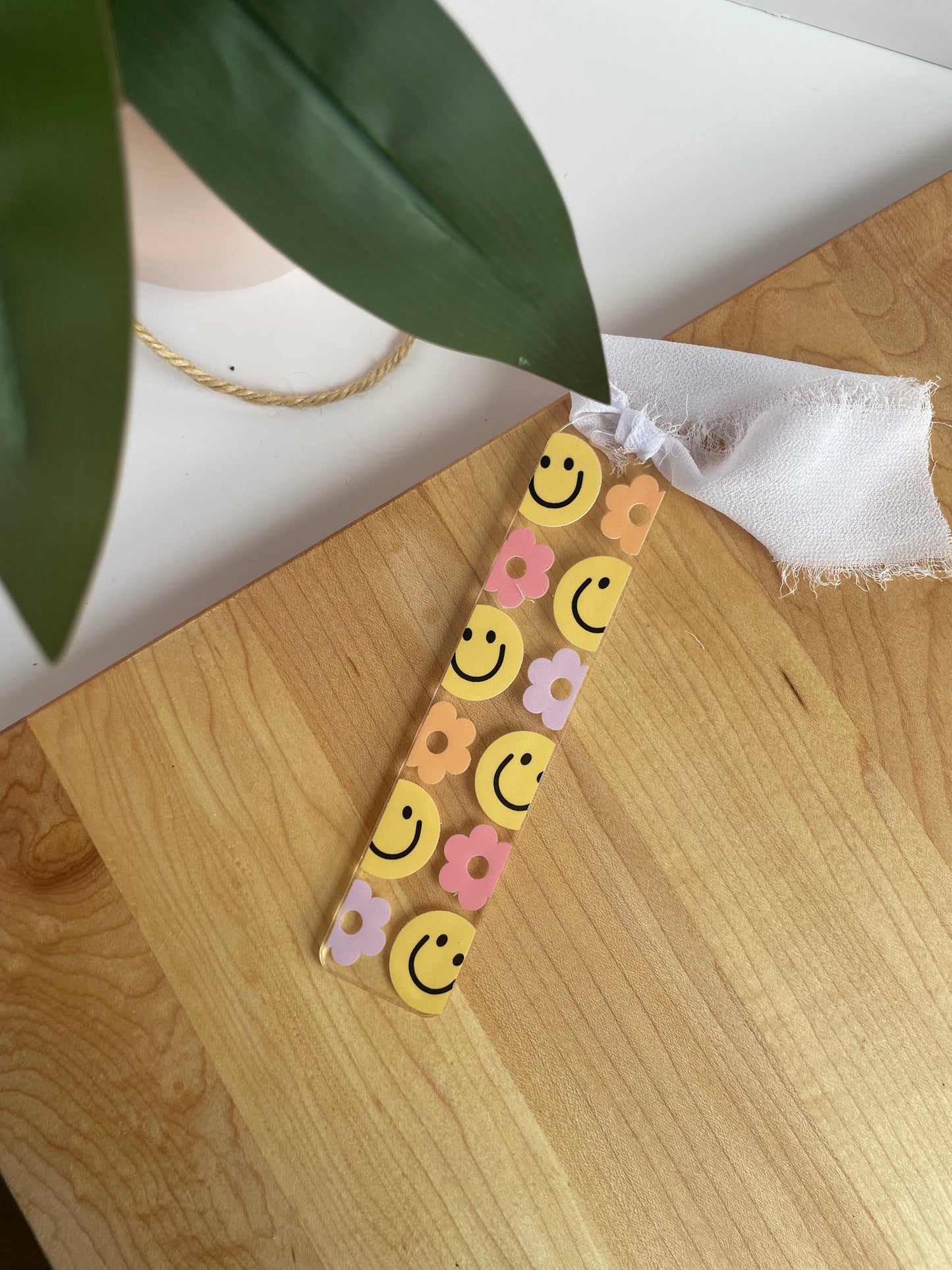 Groovy Smiley Faces Clear Acrylic Bookmark with Chiffon Ribbon
