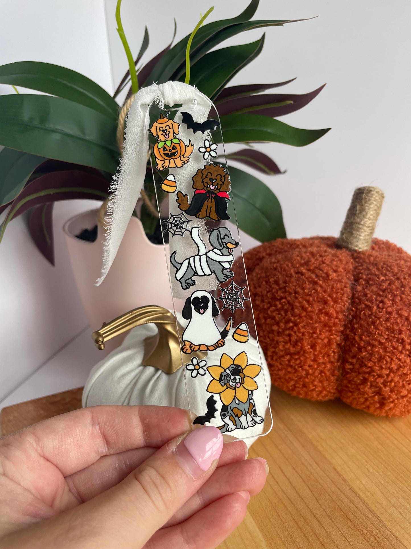 Halloween Costume Dogs Clear Acrylic Bookmark with Chiffon Ribbon