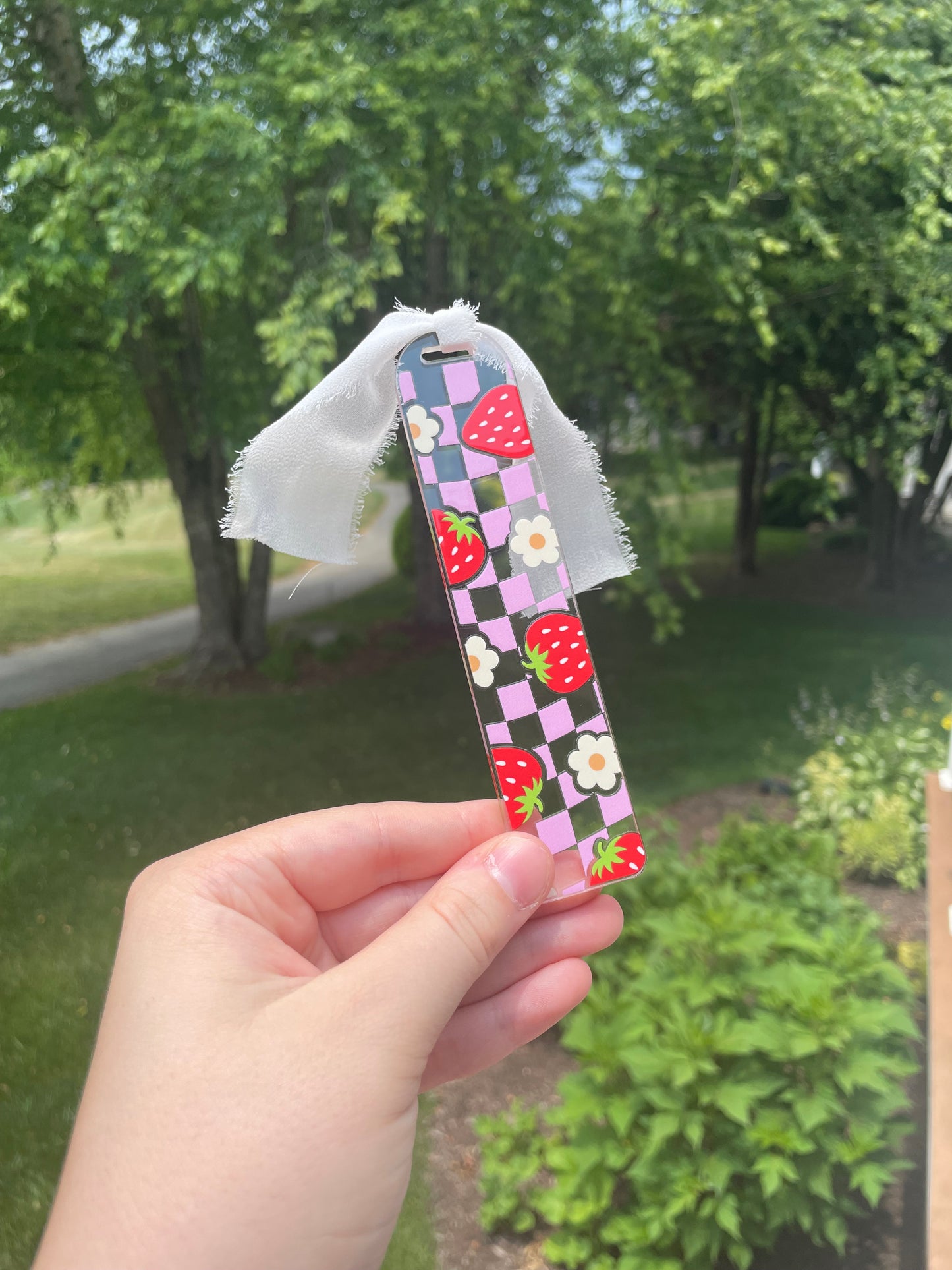 Strawberries and Pink Checkers Clear Acrylic Bookmark with Chiffon Ribbon
