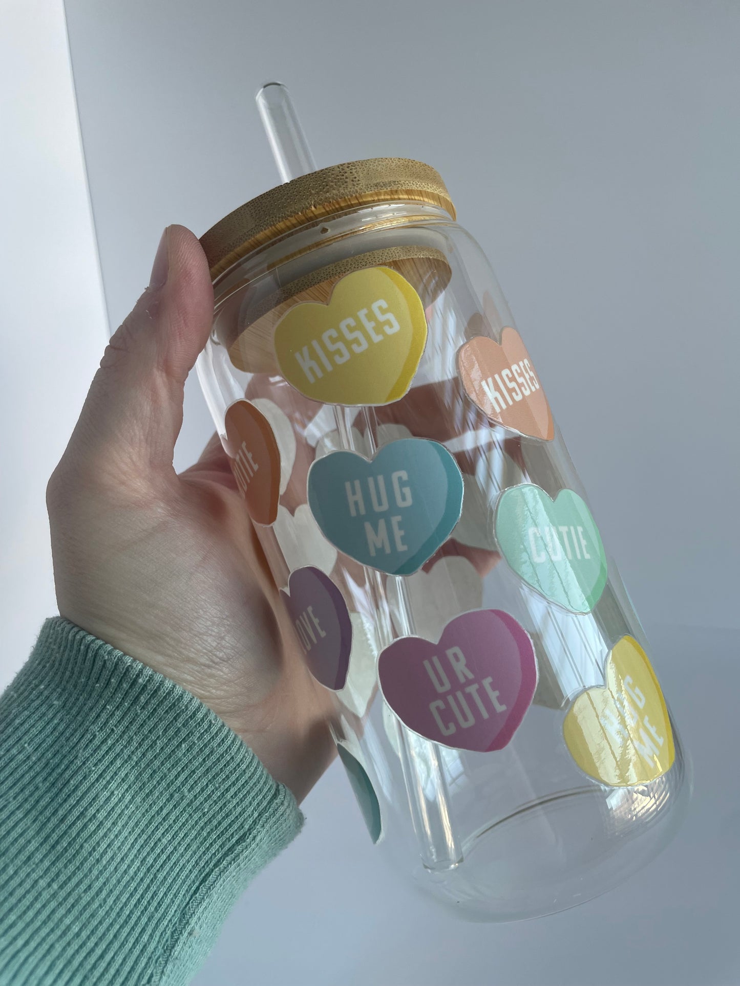 Conversation Hearts Glass Cup with Bamboo Lid and Glass Straw