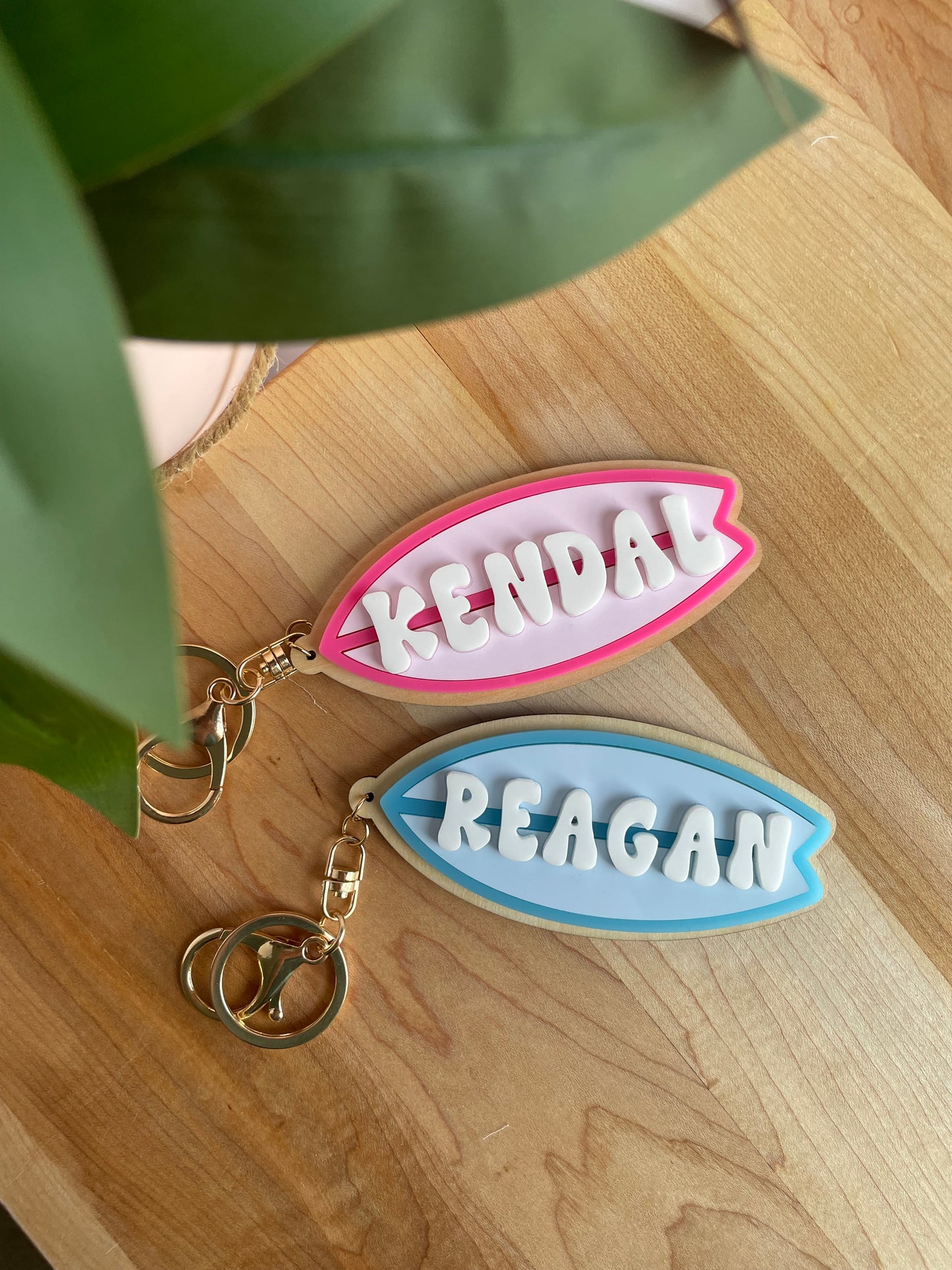 Custom Colorful Surfboard Keychain with Gold Features