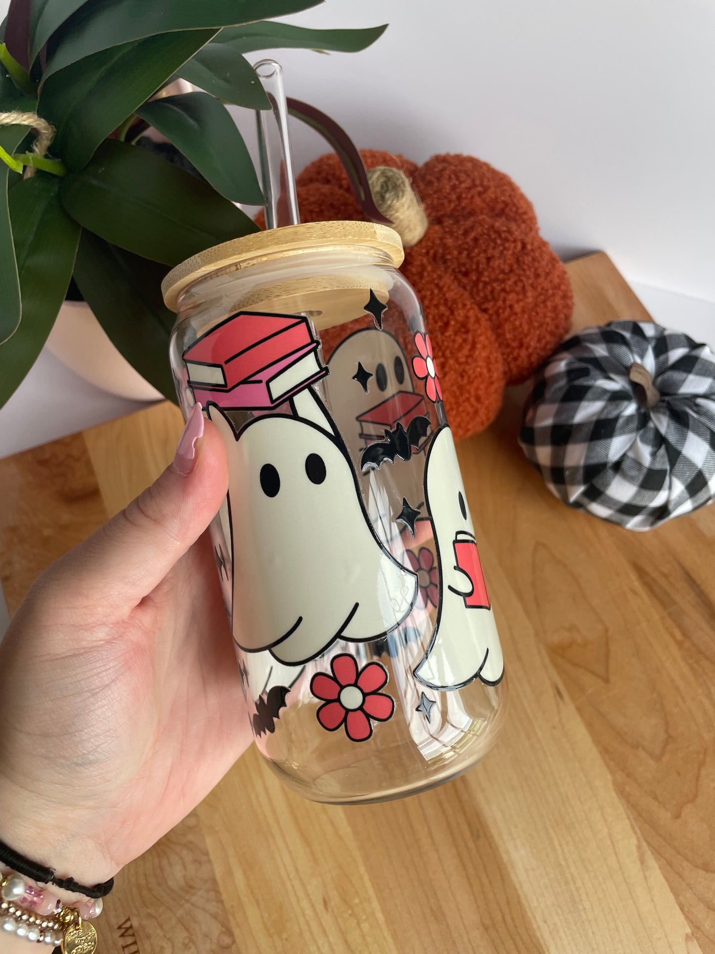Bookish Ghosts Glass Cup with Bamboo Lid and Glass Straw