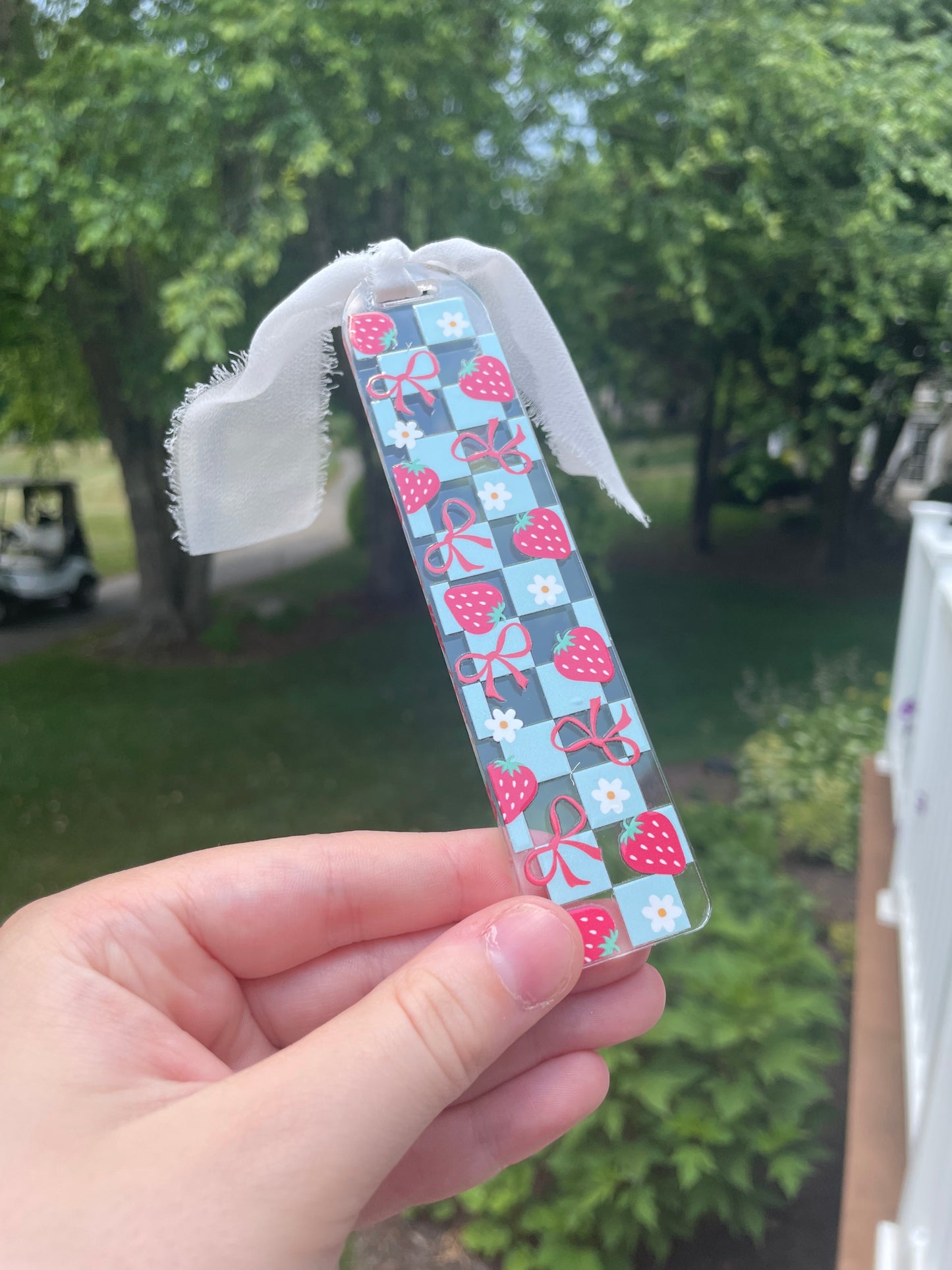 Blue Checkered Strawberries Clear Acrylic Bookmark with Chiffon Ribbon