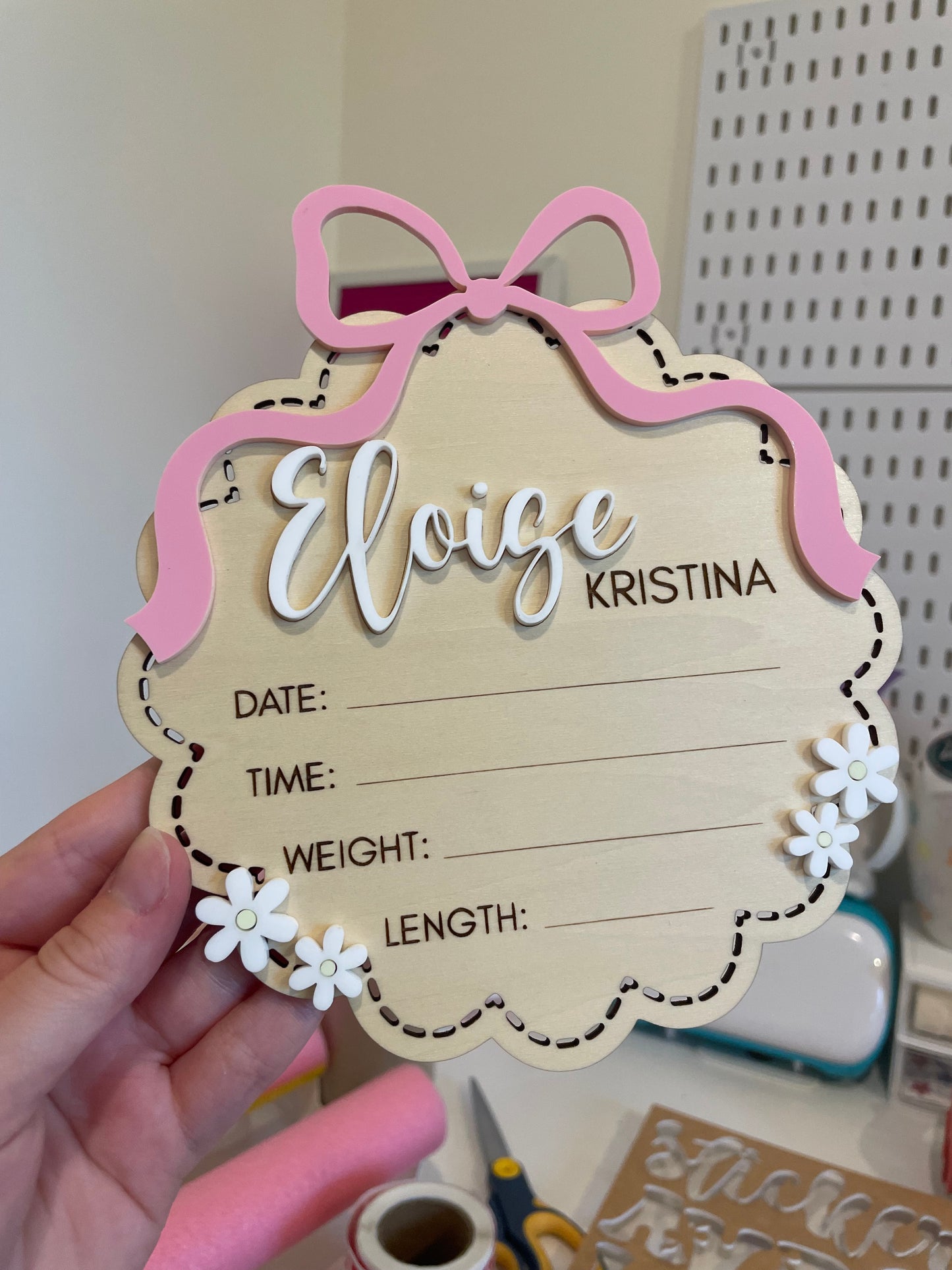 Custom Bow and Flowers Baby Announcement Sign