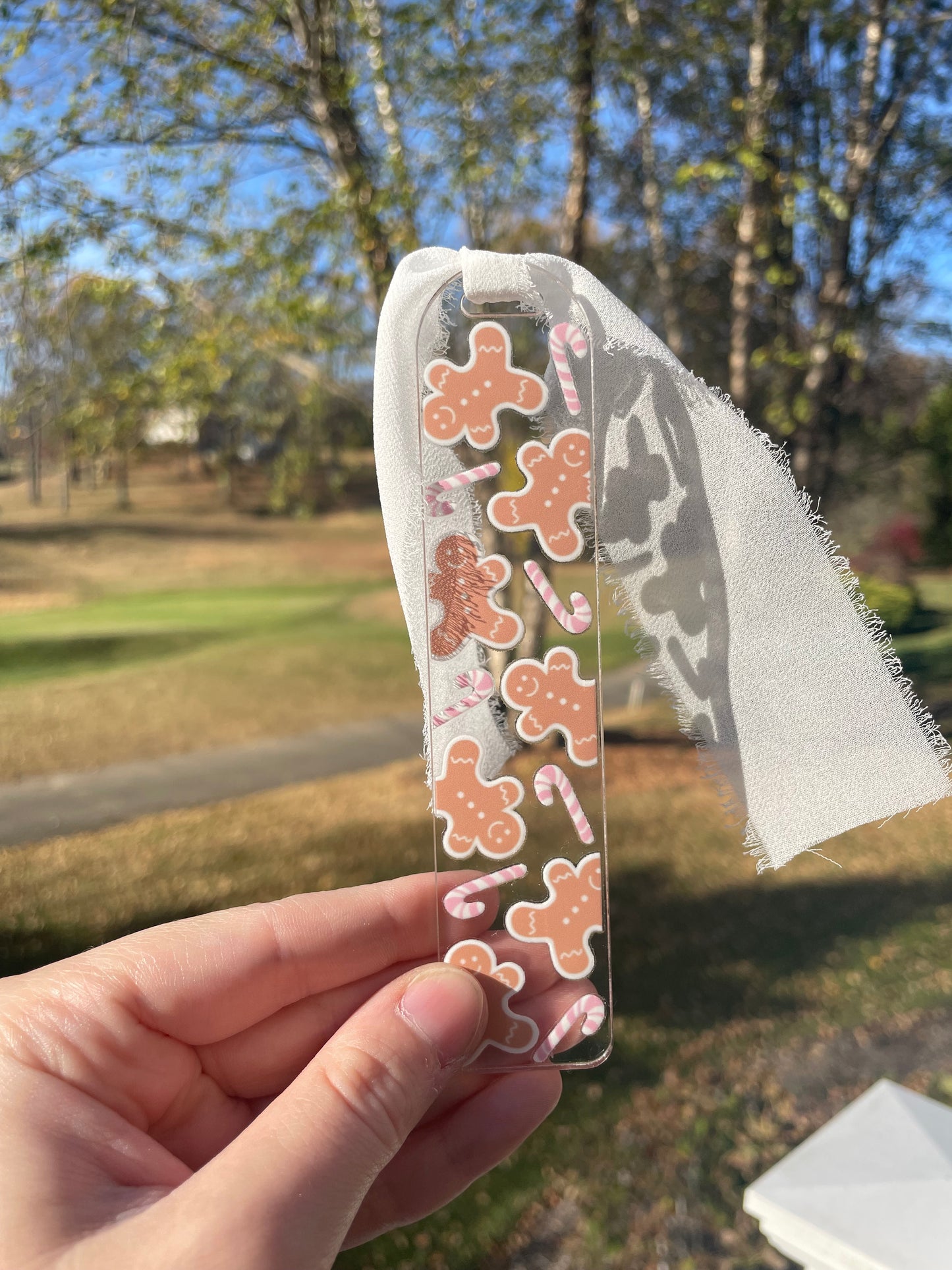 Gingerbread Cookies and Pink Candy Canes Clear Acrylic Bookmark with Chiffon Ribbon