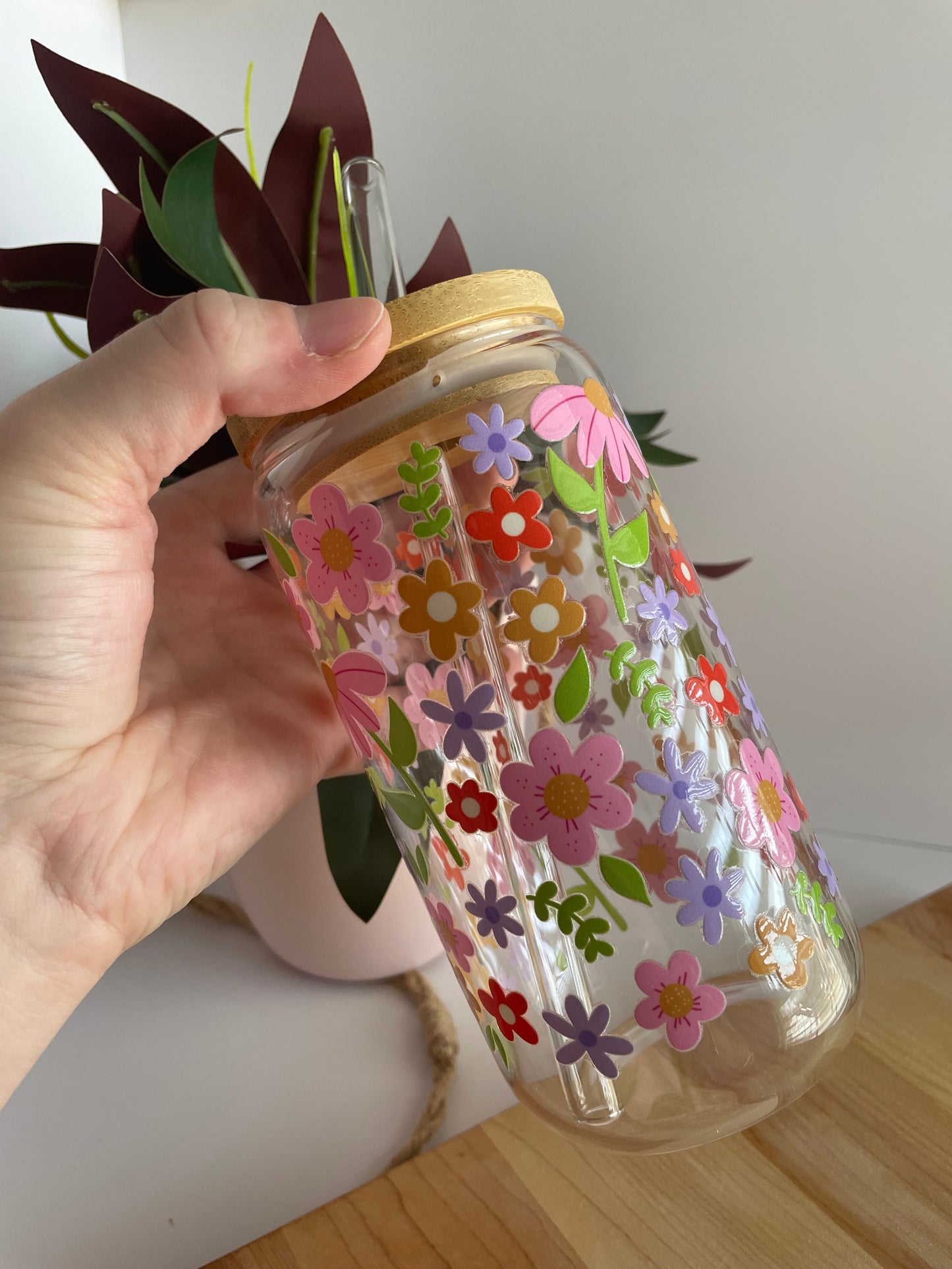 Spring Florals Glass Cup with Bamboo Lid and Glass Straw