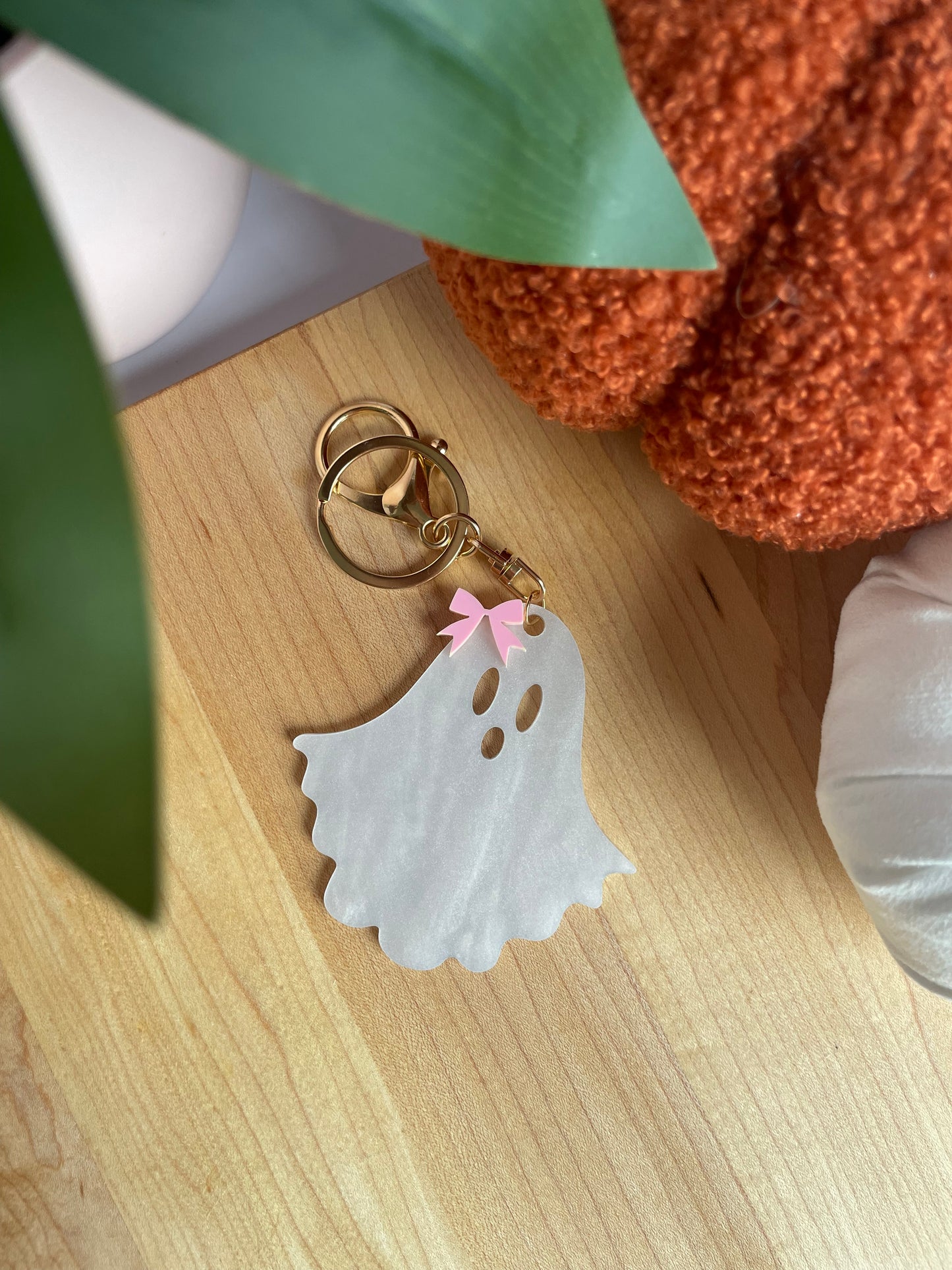 Pearl White Ghostie Bow Keychain with Gold Features by