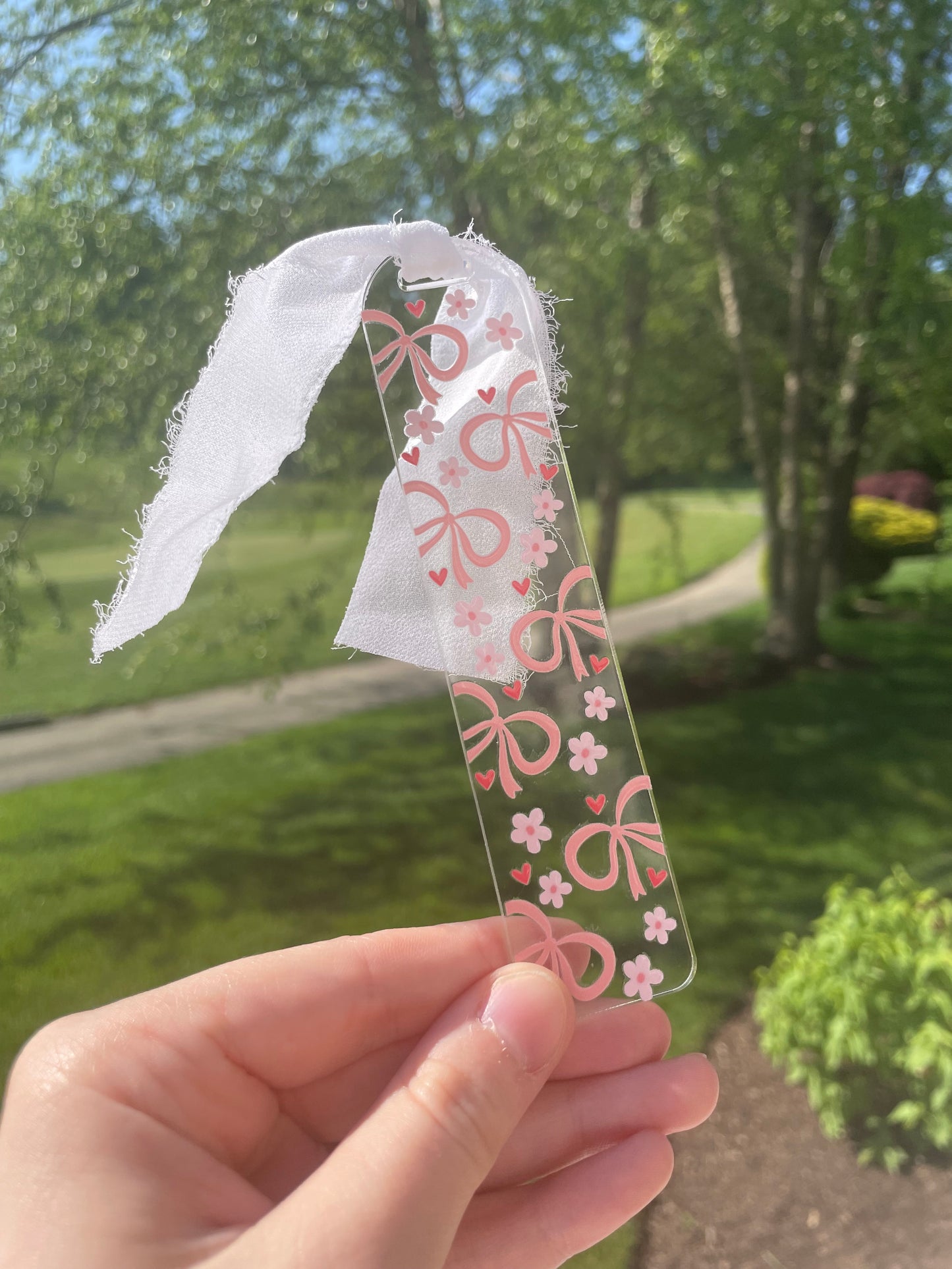 Beautiful Bows and Flowers Clear Acrylic Bookmark with Chiffon Ribbon