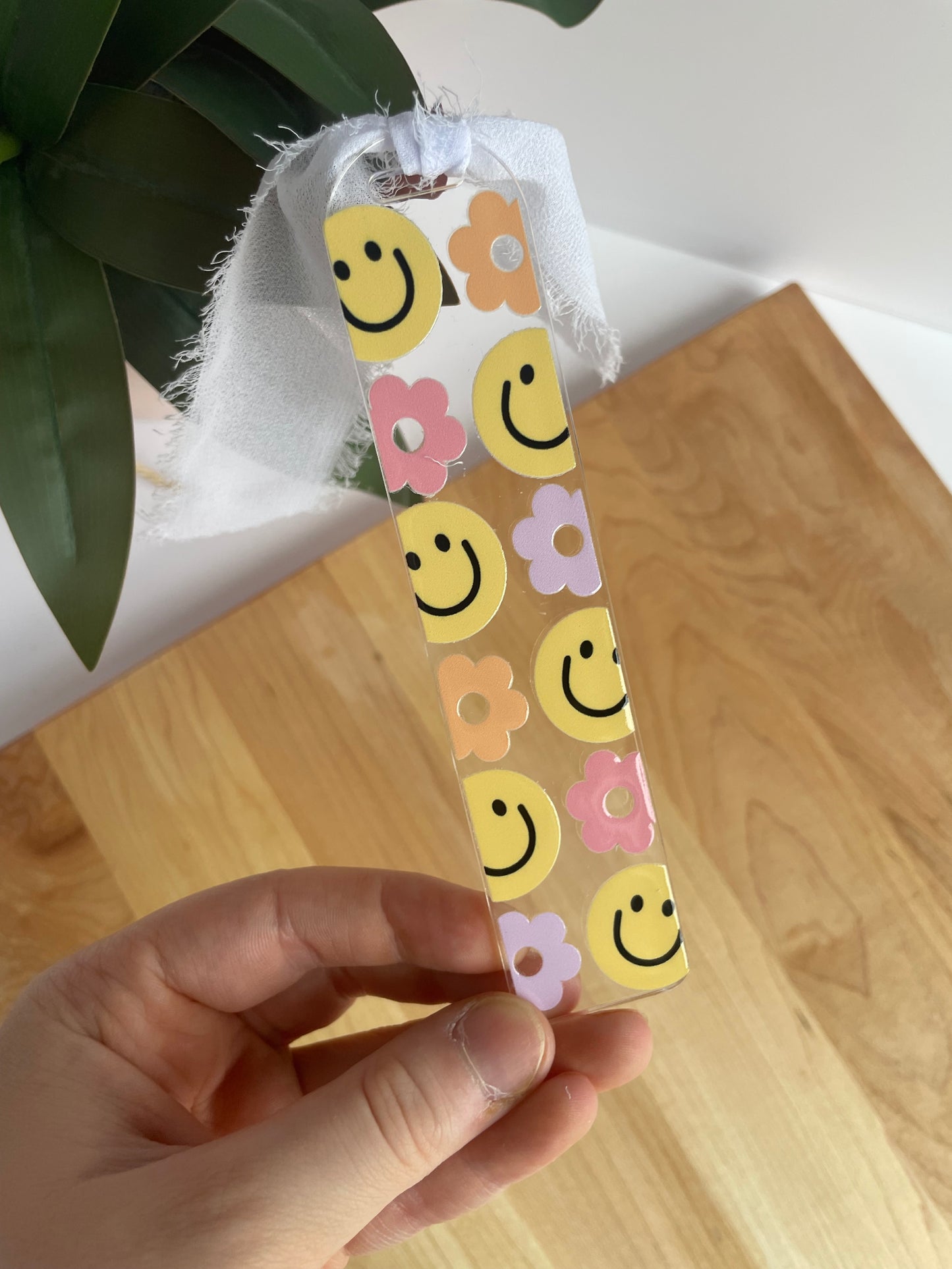 Groovy Smiley Faces Clear Acrylic Bookmark with Chiffon Ribbon