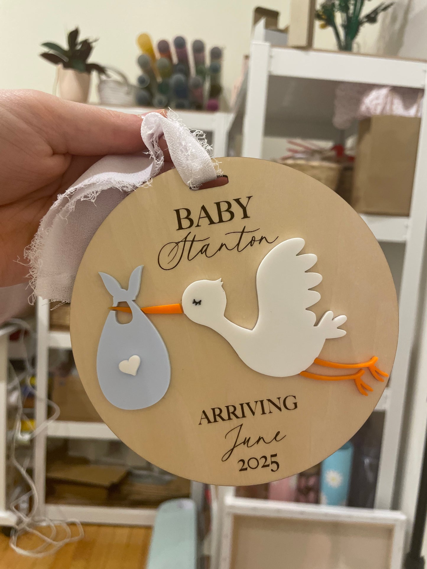 Arriving Baby Stork Wooden Gift Tag with Chiffon Ribbon