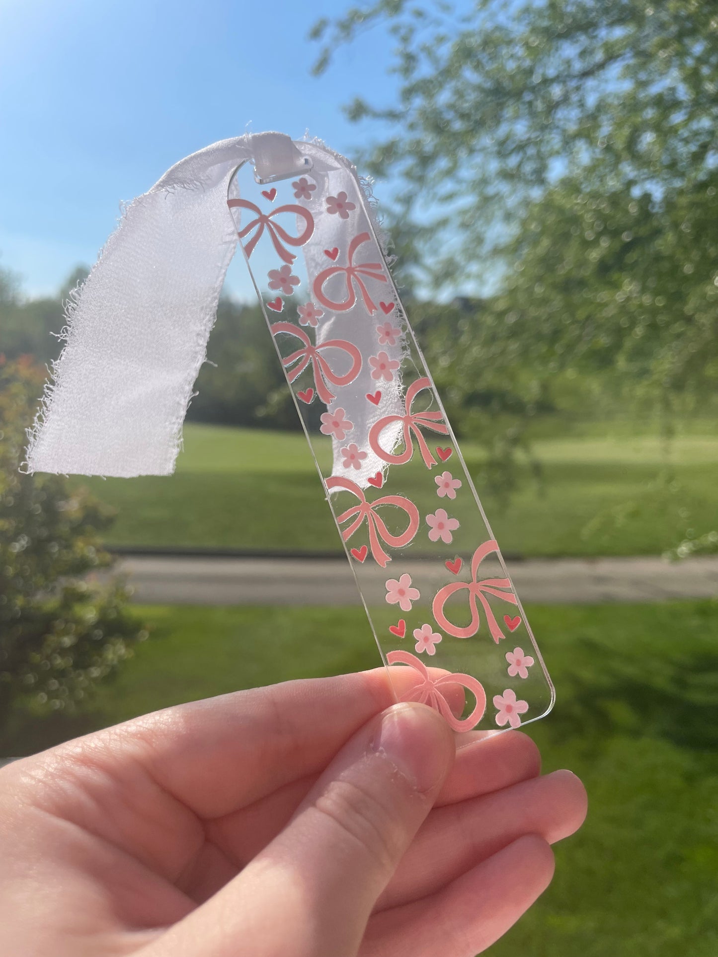 Beautiful Bows and Flowers Clear Acrylic Bookmark with Chiffon Ribbon