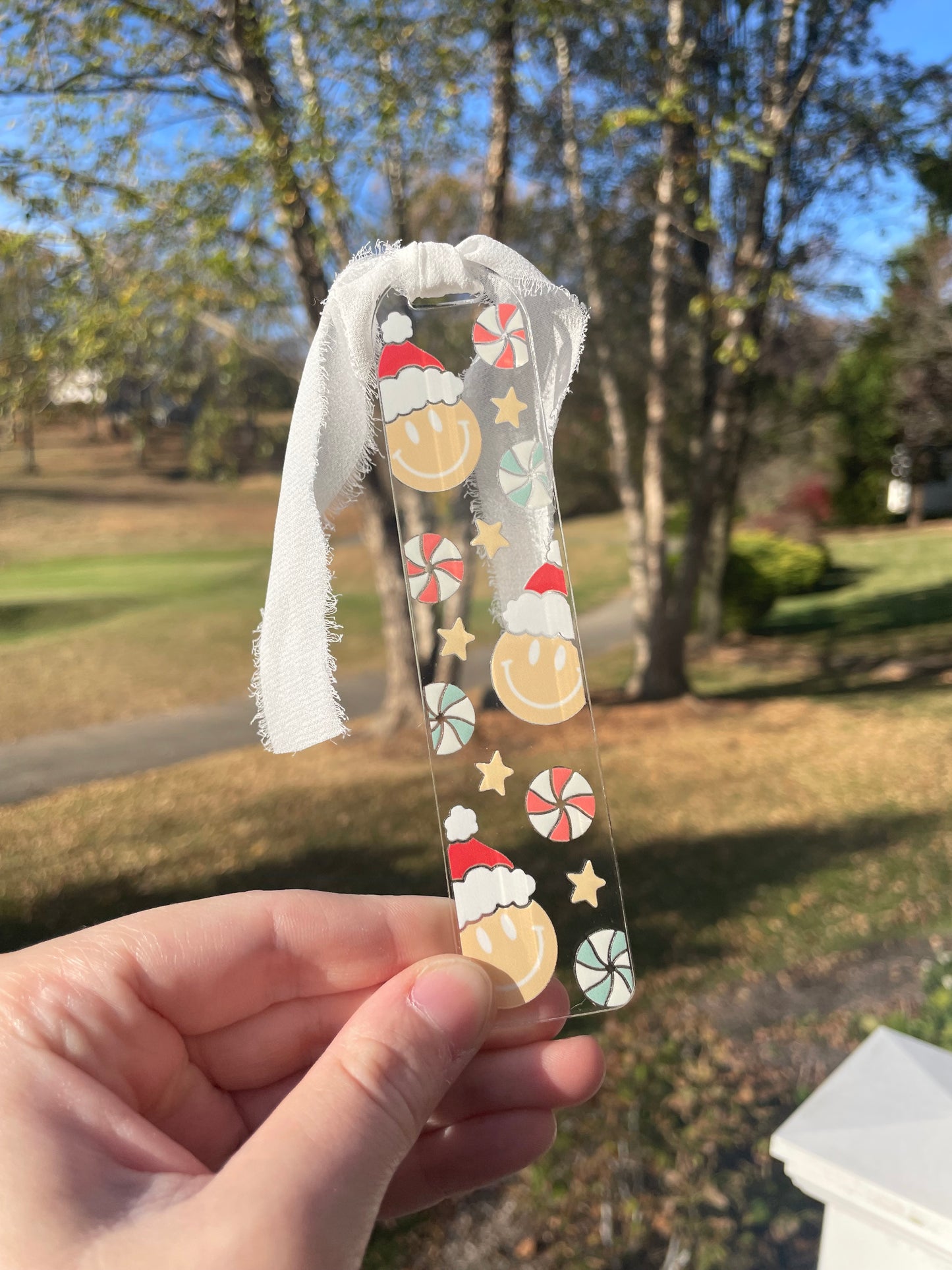 Santa Smiley Faces and Candies Clear Acrylic Bookmark with Chiffon Ribbon