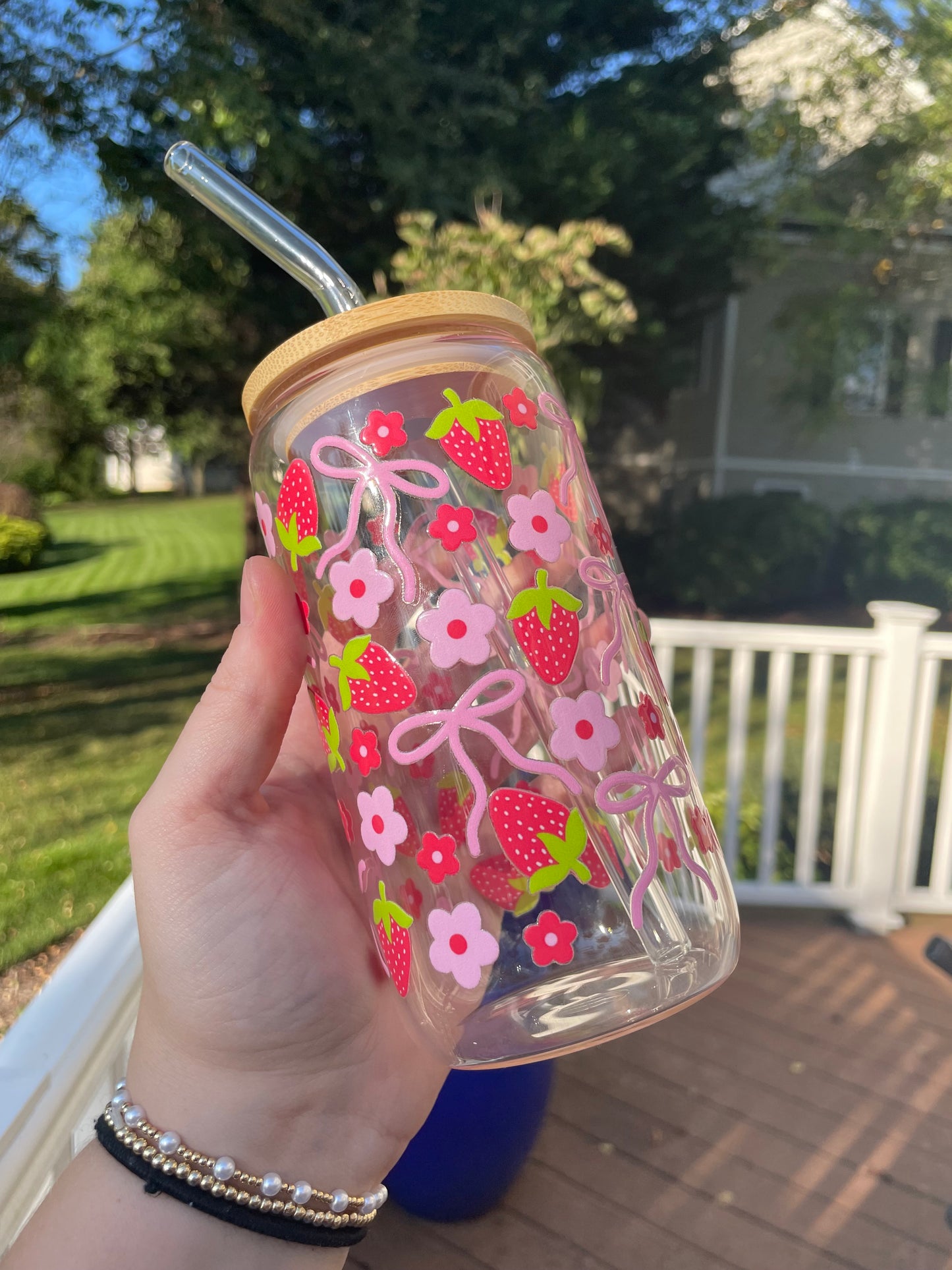 Strawberries and Pink Bows Cute Glass Cup with Bamboo Lid and Glass Straw