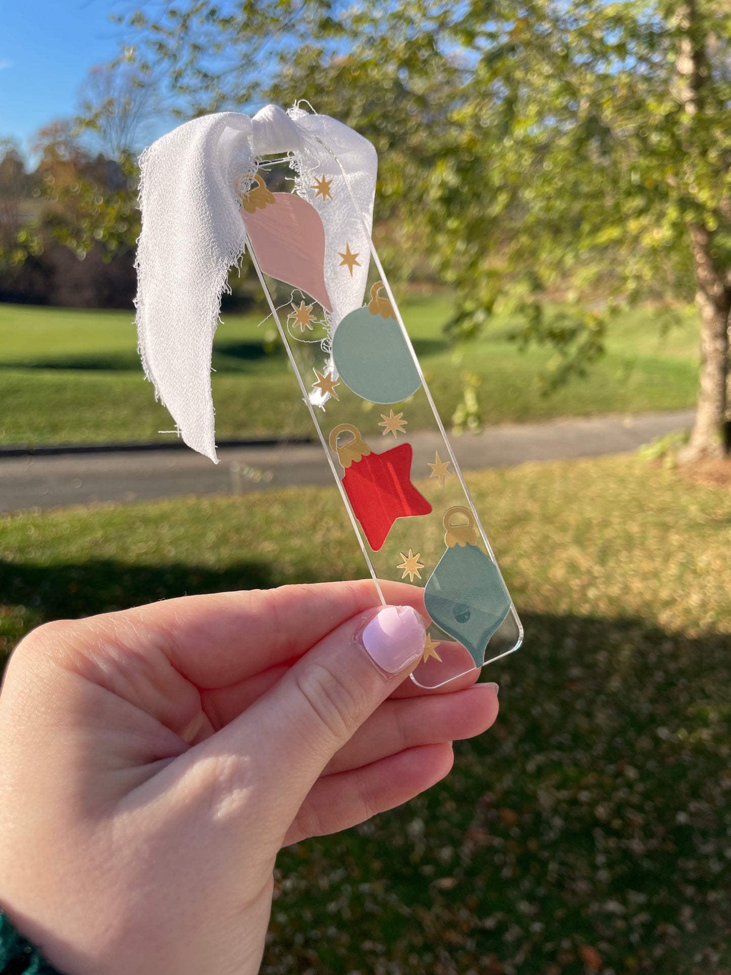 Christmas Ornaments Clear Acrylic Bookmark with Chiffon Ribbon