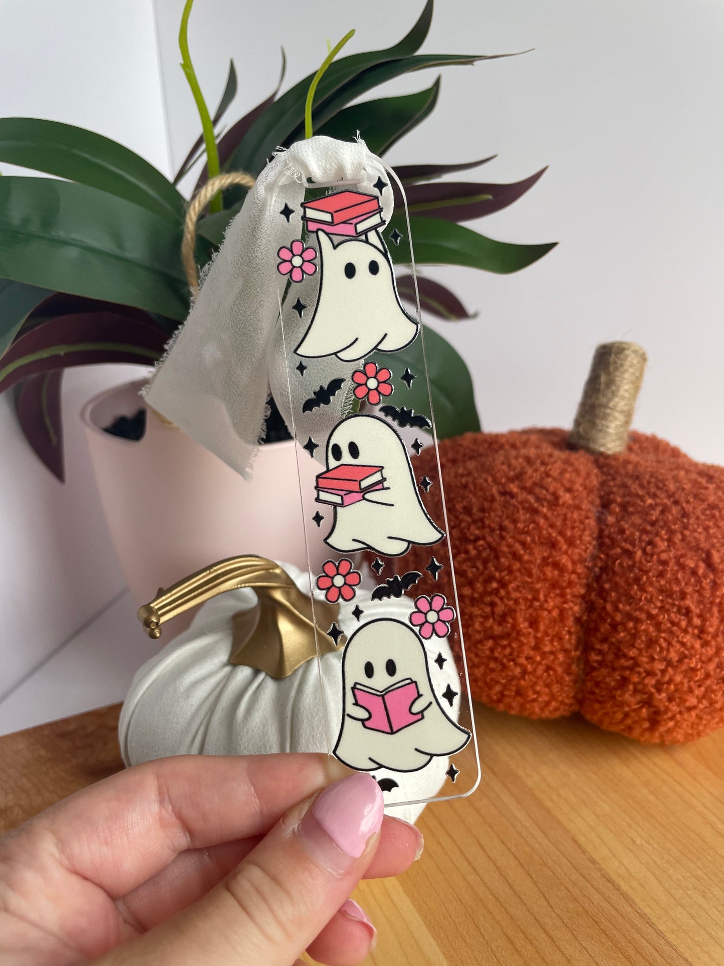 Bookish Ghosts Clear Acrylic Bookmark with Chiffon Ribbon