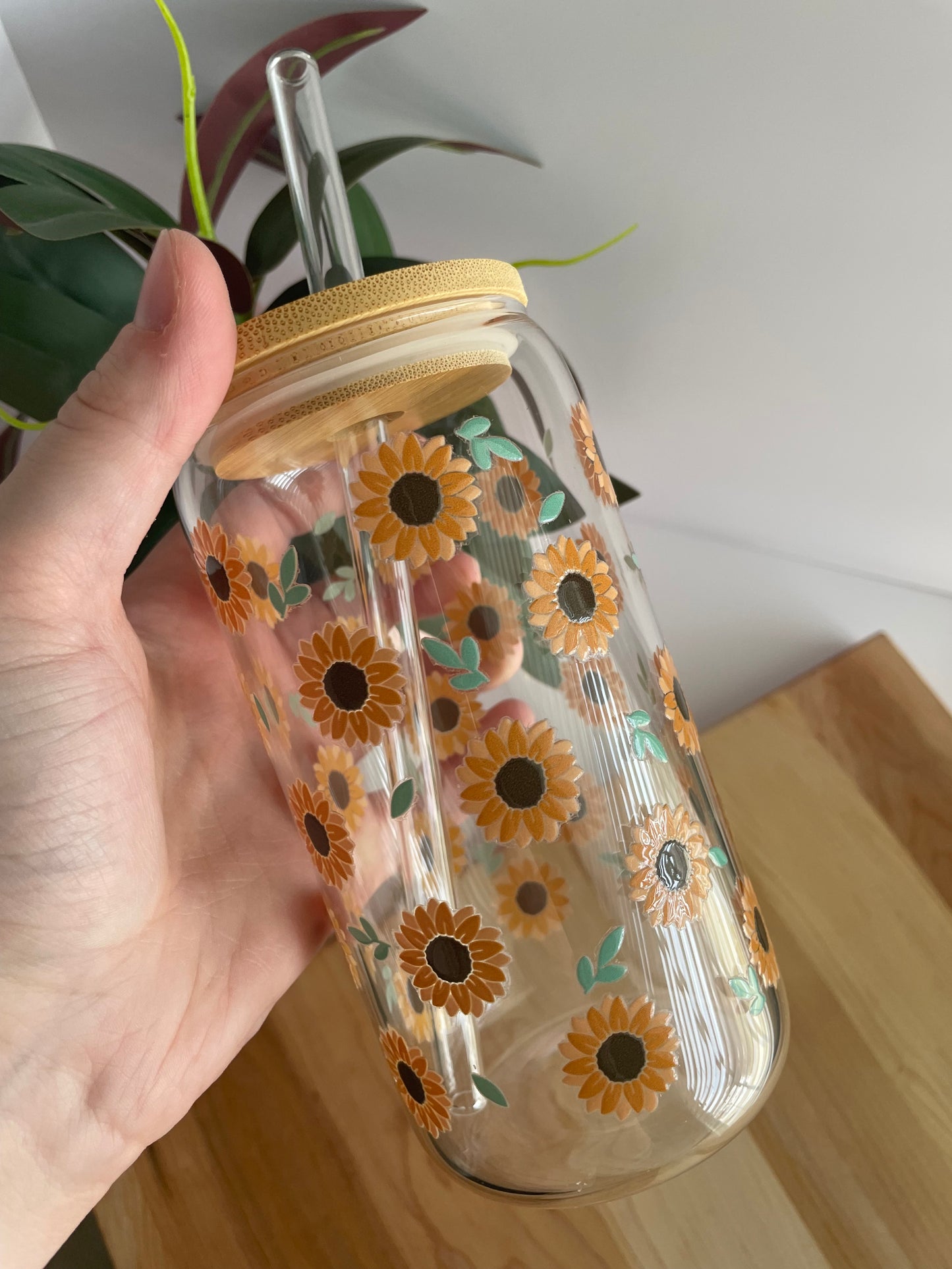 Blooming Sunflowers Glass Cup with Bamboo Lid and Glass Straw
